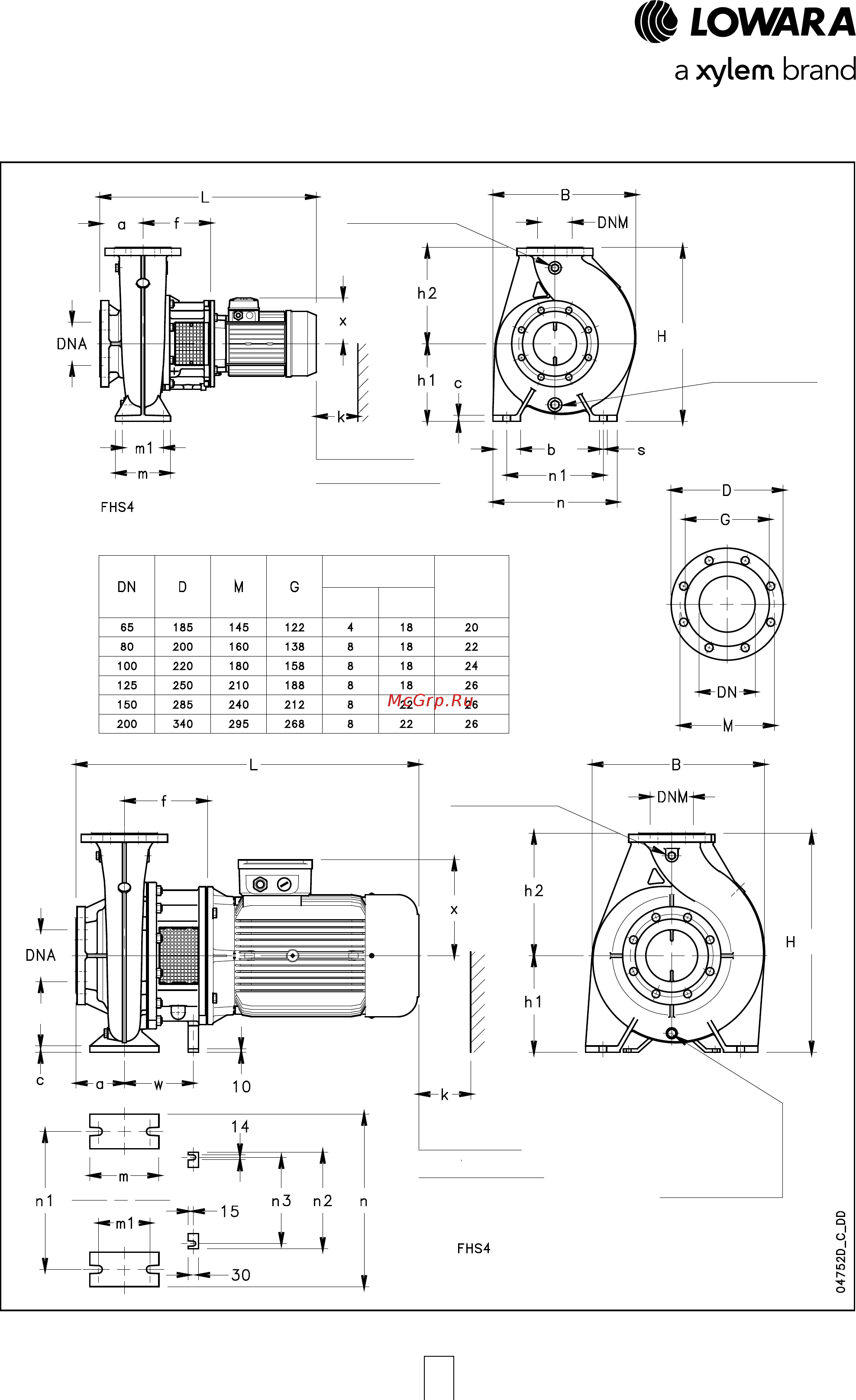 Lowara FHE 40-125/22 [110/136] Серия fhs4 размеры и вес 4 х полюсные двигатели 50 гц