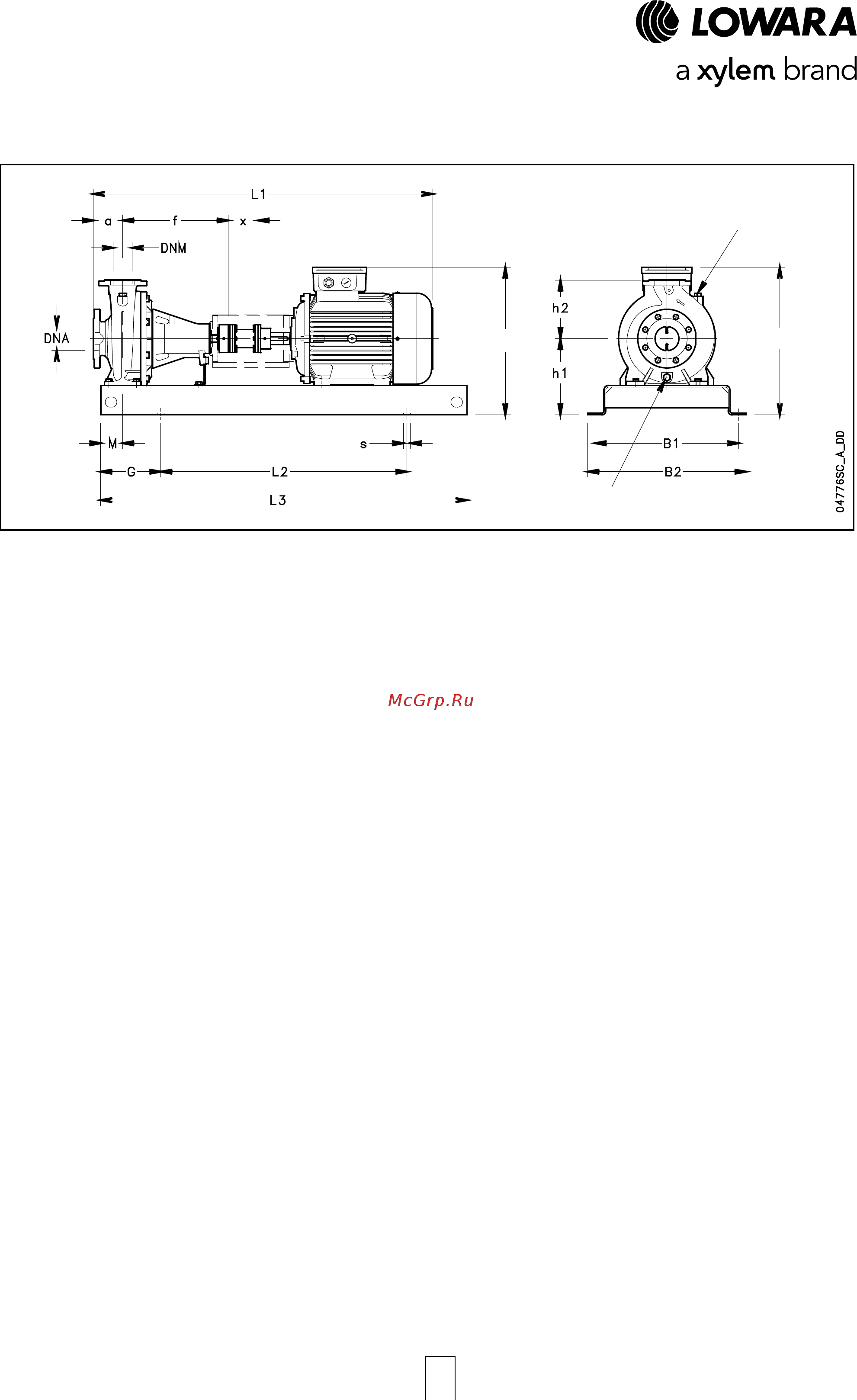 Lowara FHE 50-125/40 [120/136] Серия fhf sc с установкой на станину размеры и вес 2 х полюсные двигатели 50 гц