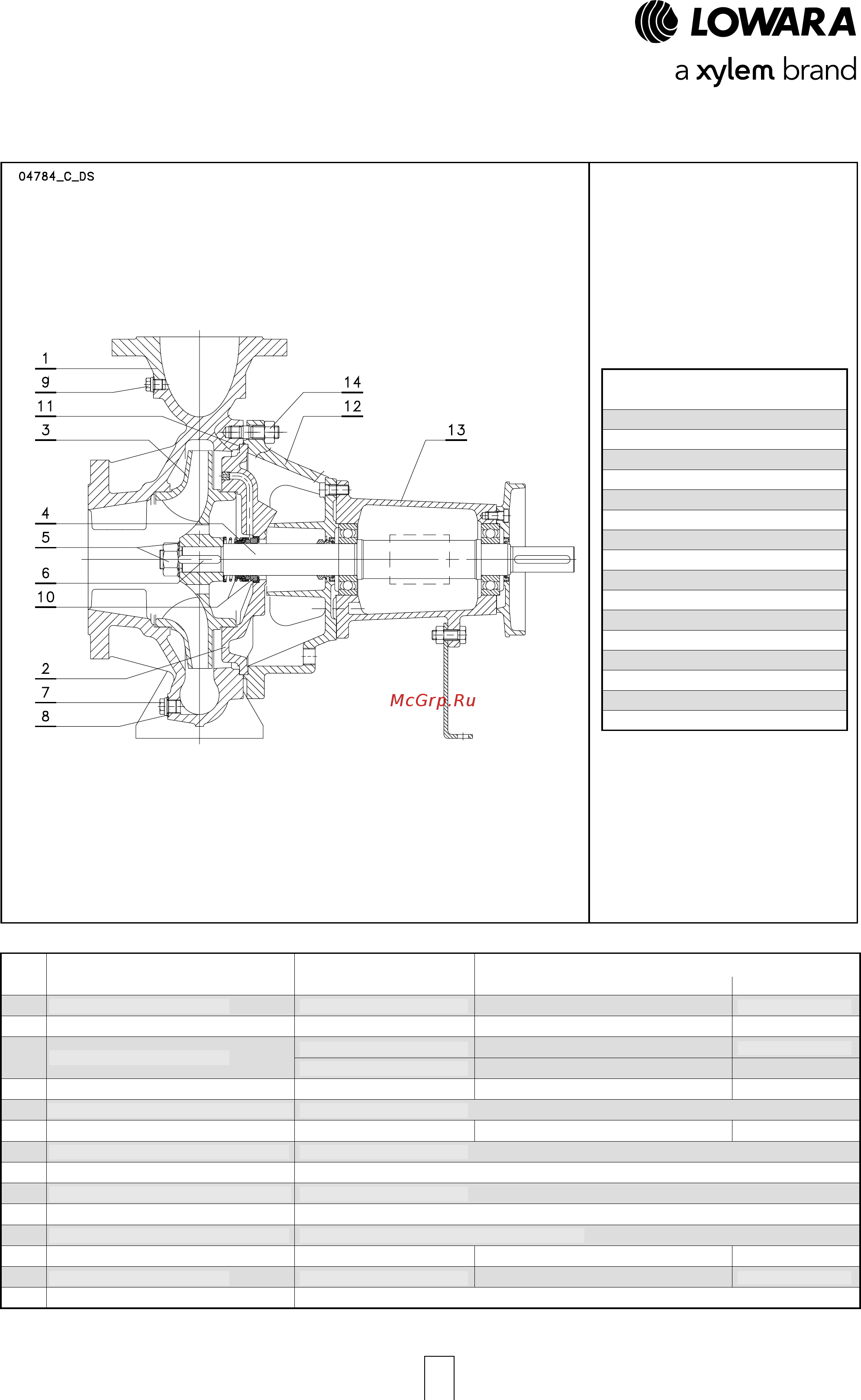 Lowara FHE 40-125/22 [18/136] Серия fhf со свободным концом вала без двигателя перечень моделей и таблица материалов