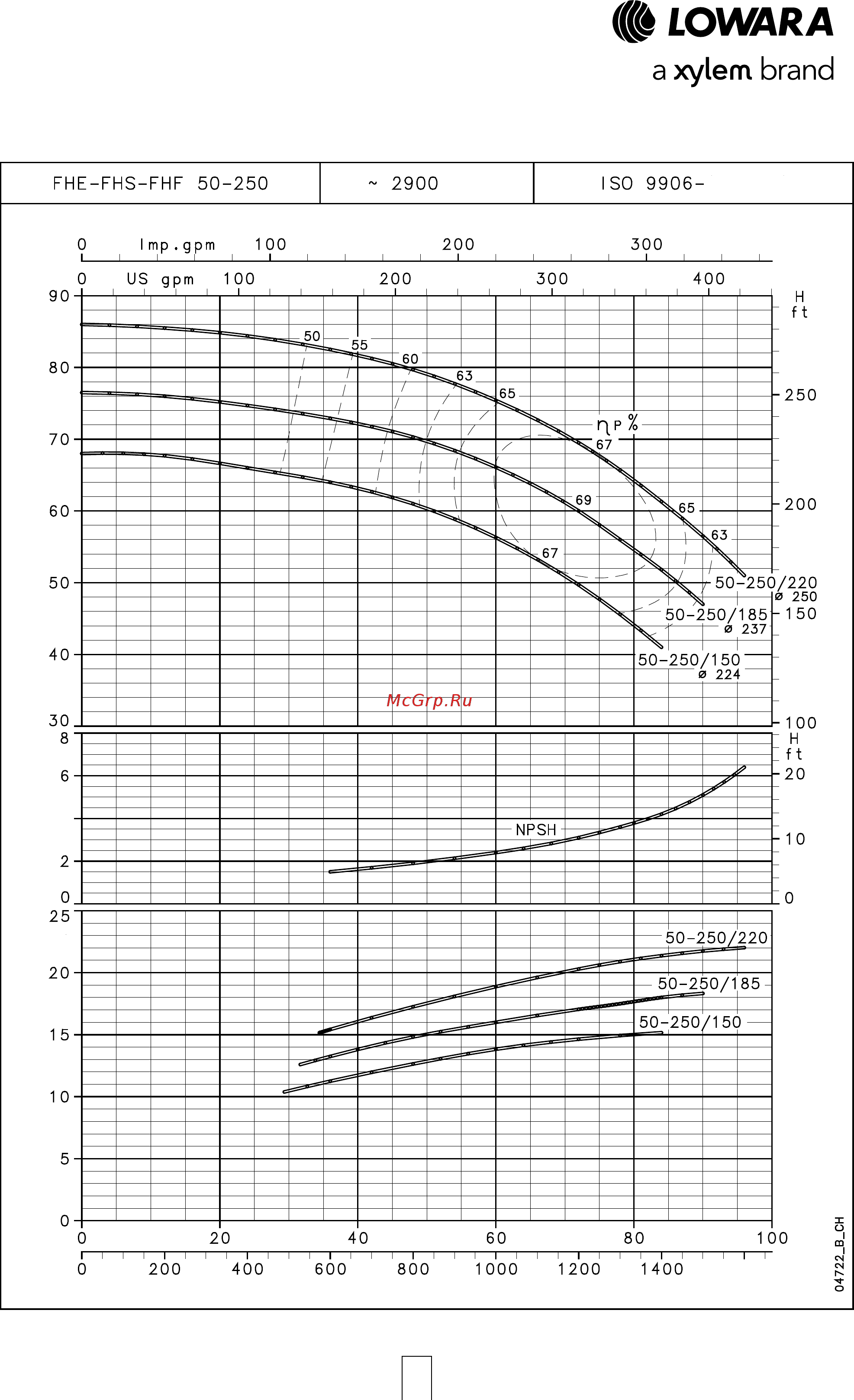 Lowara FHE 50-125/40 [49/136] Серия fhe fhs fhf рабочие характеристики 2 х полюсные двигатели 50 гц