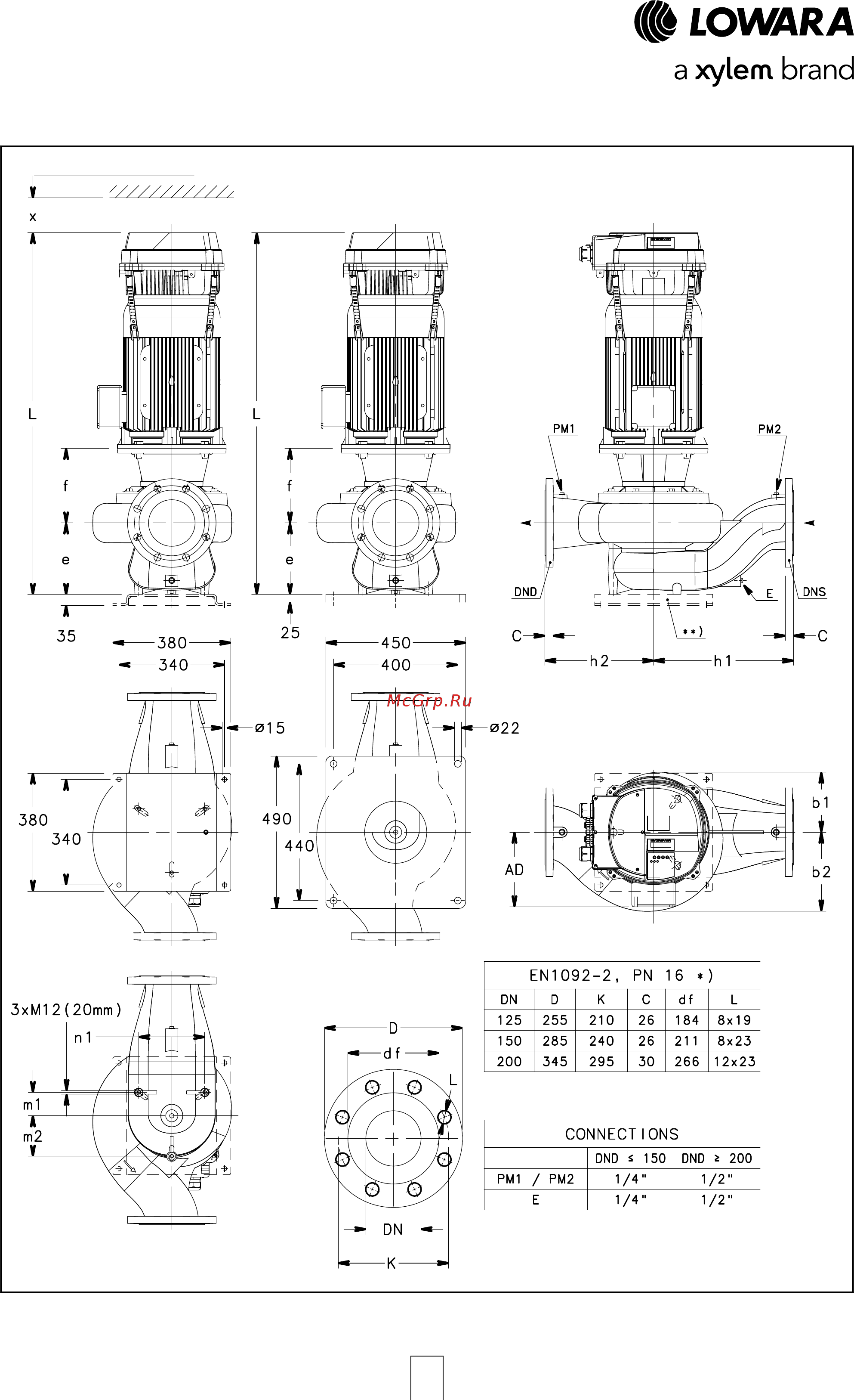 Lowara LNEE 65-125/05/S45RCS4 [130/168] Серии e lnesh 125 150 200 габариты и вес 4 полюсных моделей 50 гц