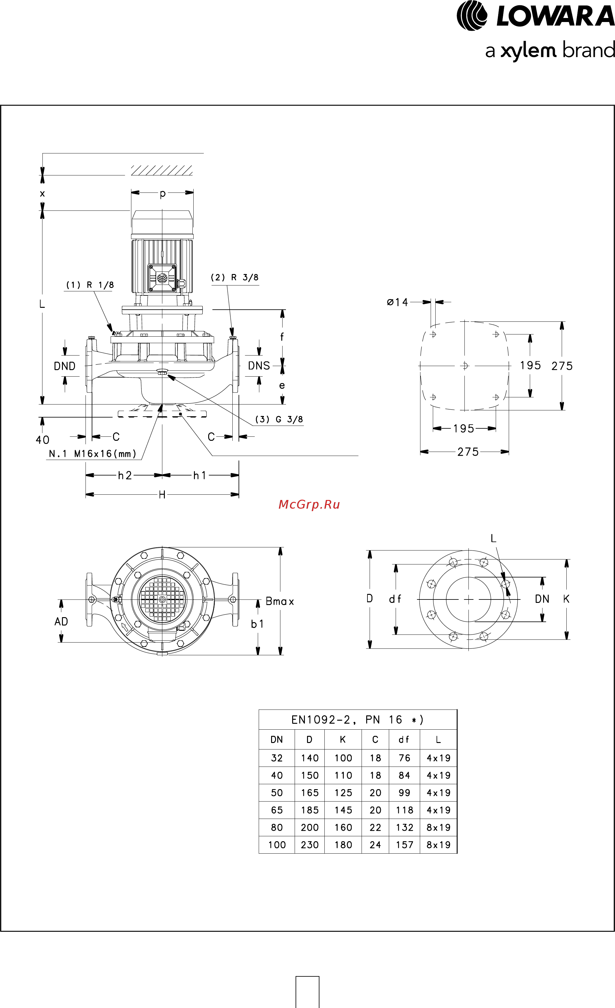 Lowara LNES 100-250/75/P45V CC4 [98/168] Серии e lnes 80 100 габариты и вес 2 полюсных моделей 50 гц