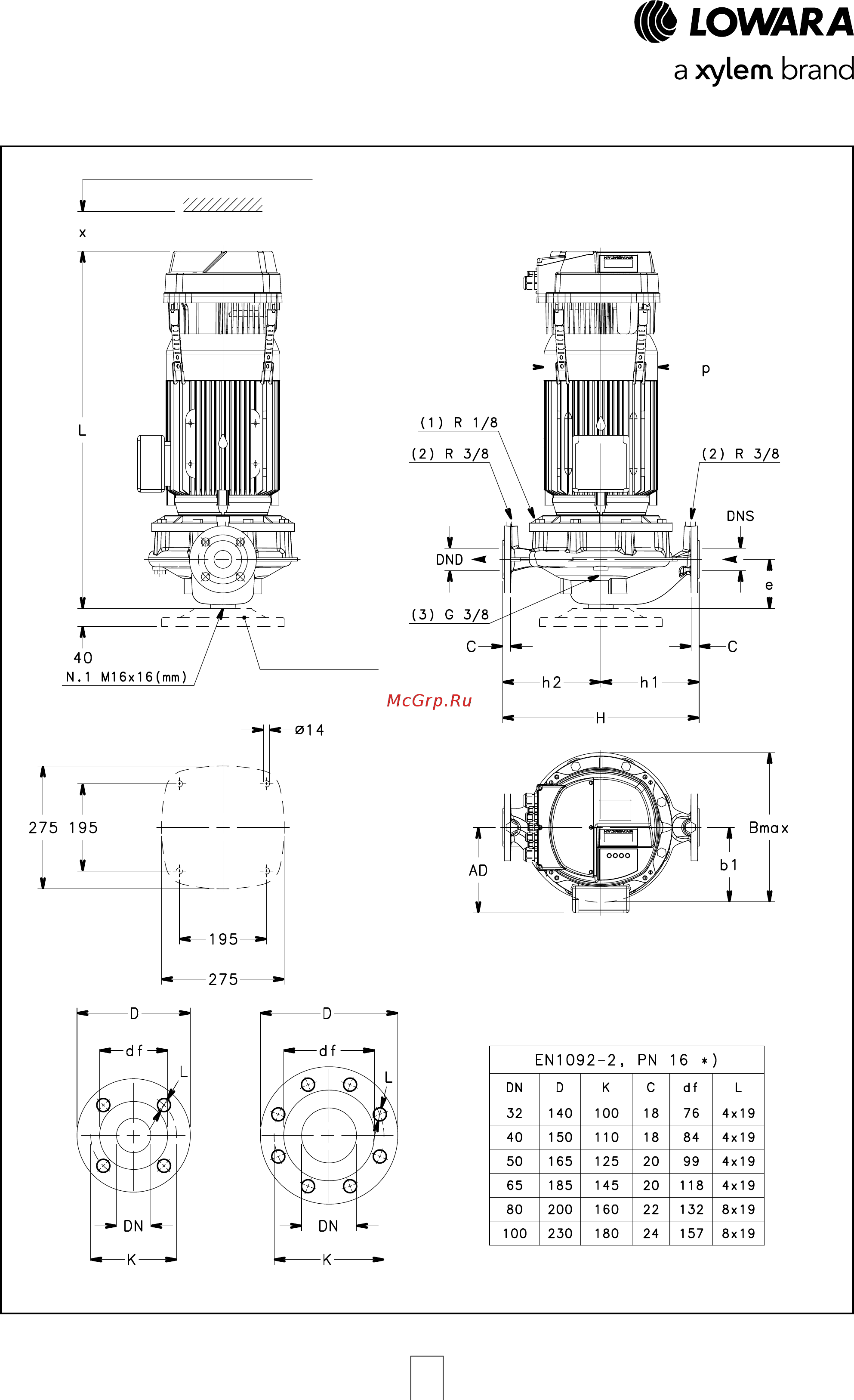 Lowara LNEEH 50-160/11/P45RCS4 [118/168] Серии e lneeh 32 40 50 65 80 100 габариты и вес 2 полюсных моделей 50 гц