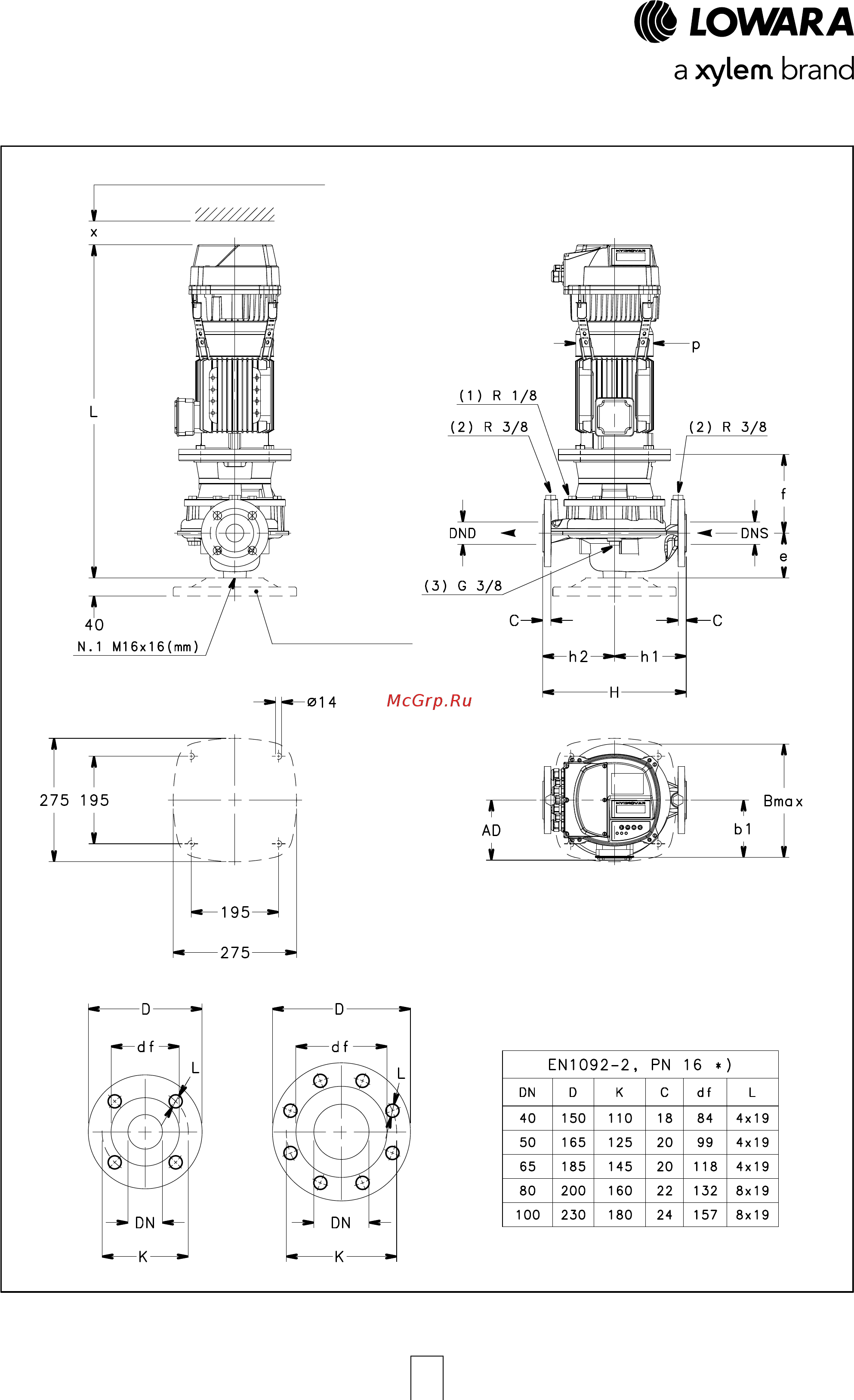 Lowara LNESH 40-160/07/X45RCS4 [124/168] Серии e lnesh 40 50 65 габариты и вес 4 полюсных моделей 50 гц