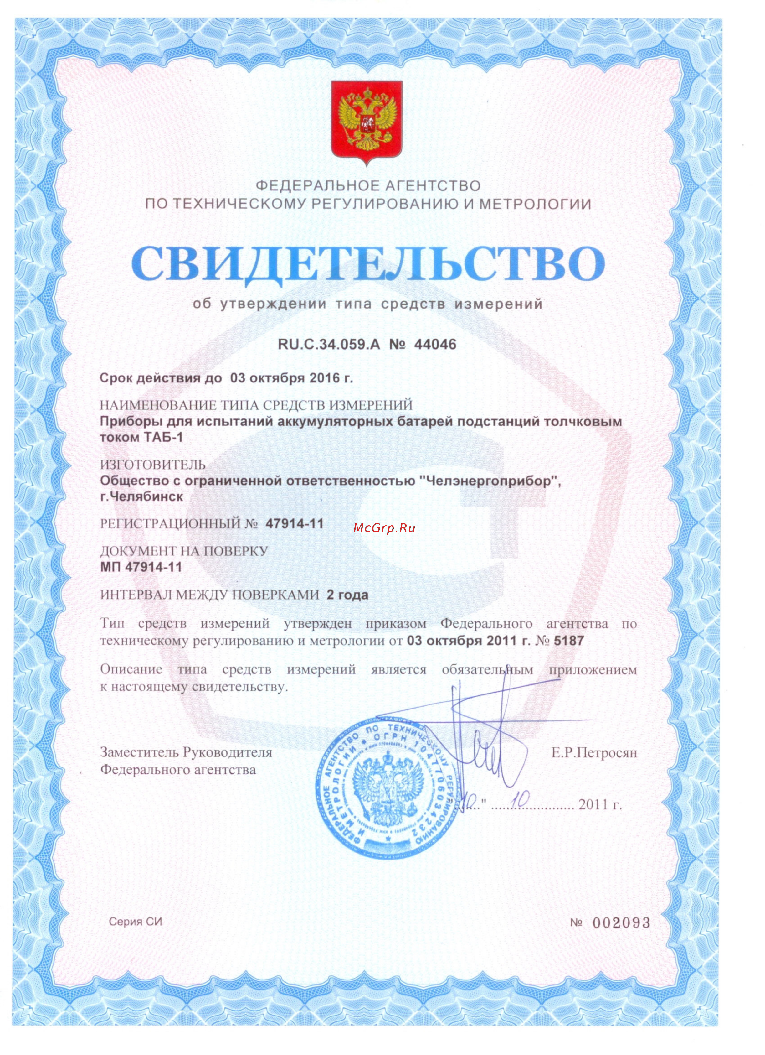 Челэнергоприбор ТАБ-1 Свидетельство об утверждении типа средств измерений в РФ онлайн
