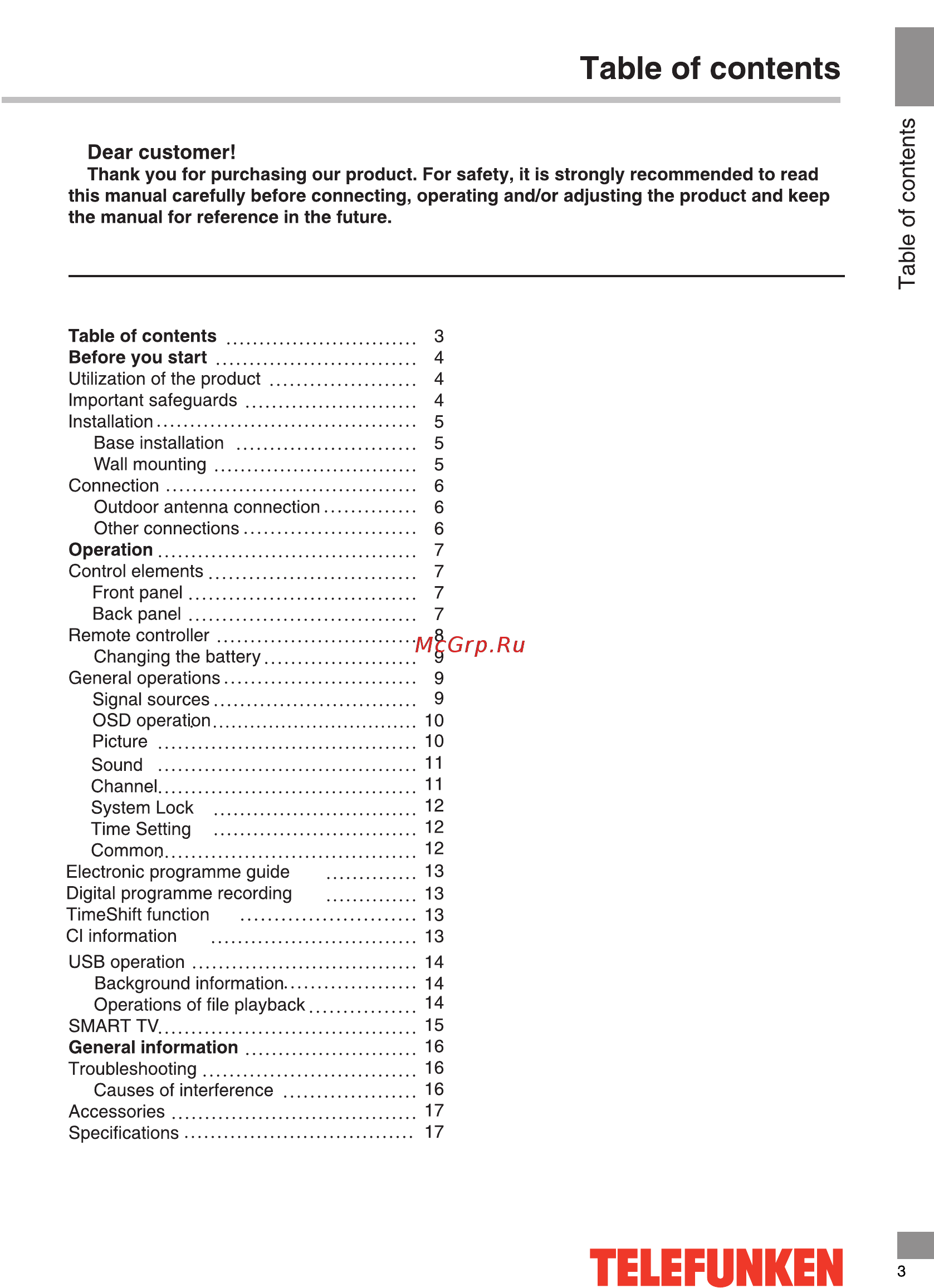 Telefunken TF-LED32S10T2S [3/42] Table of contents