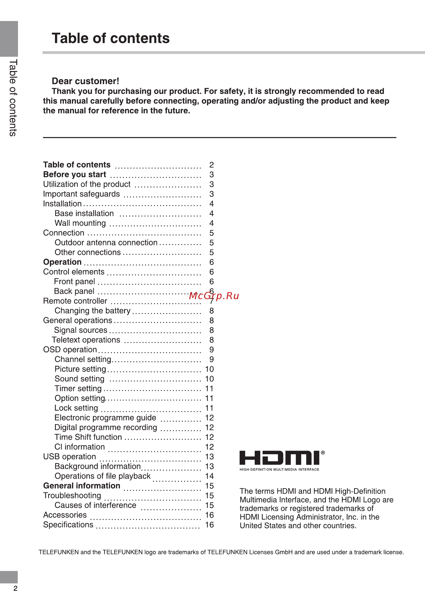 Telefunken TF-LED32S96T2 [2/40] Table of contents