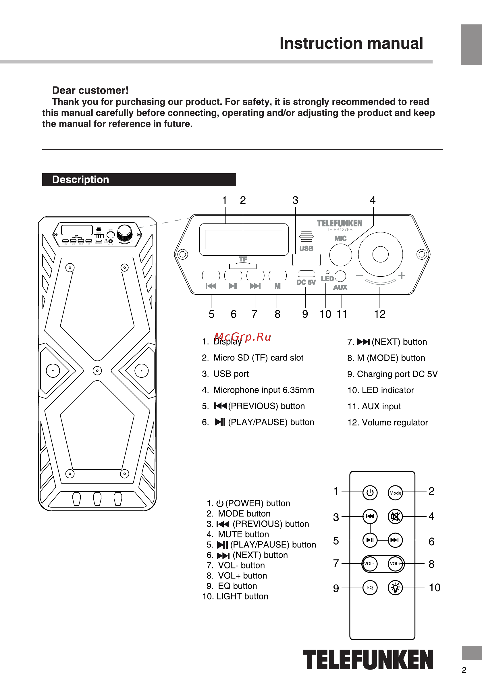Telefunken TF-PS1276B [3/16] Instruction manual