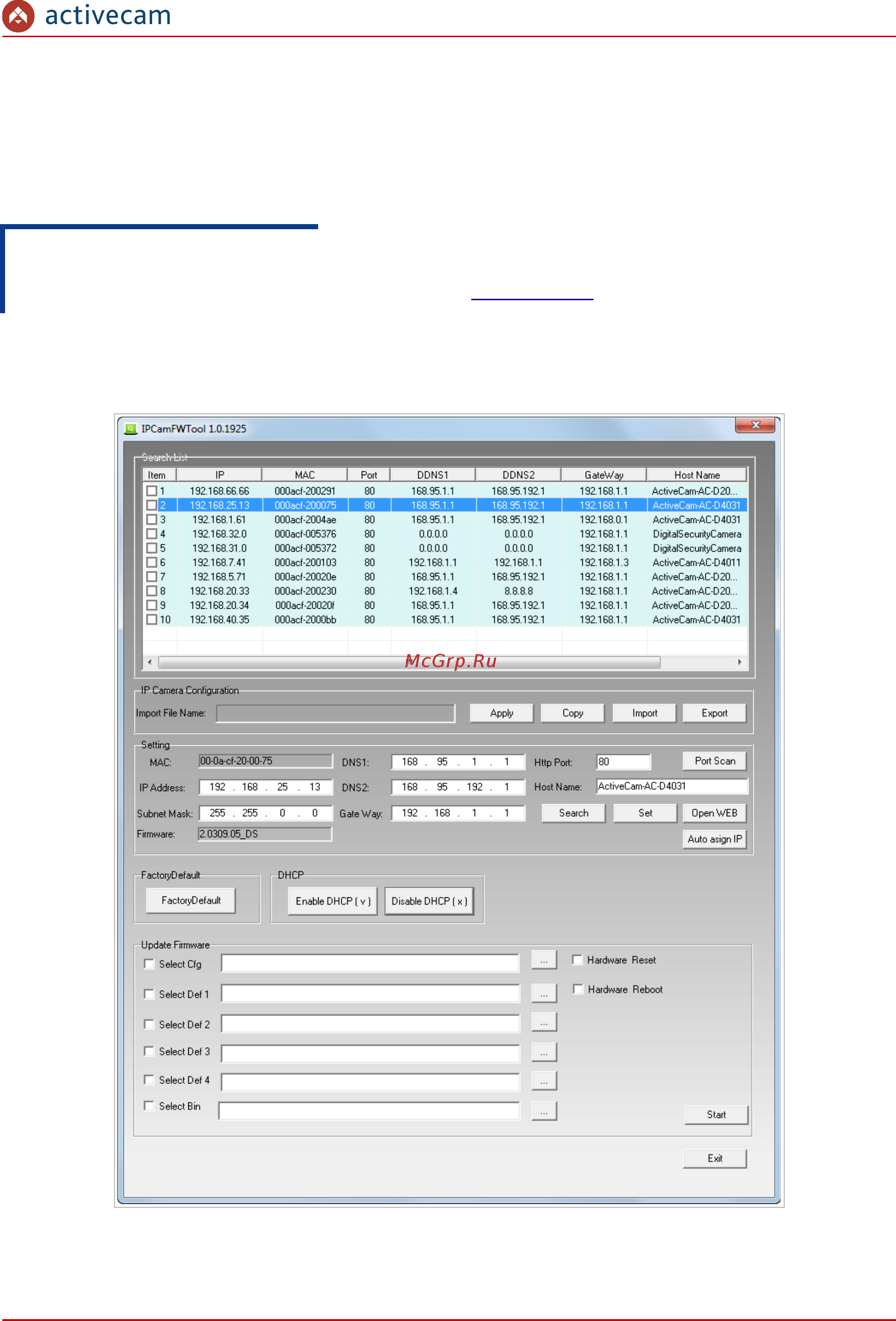 ActiveCam AC-D4031 [17/93] Настройка ip адреса камеры при помощи утилиты ipcamfwtool