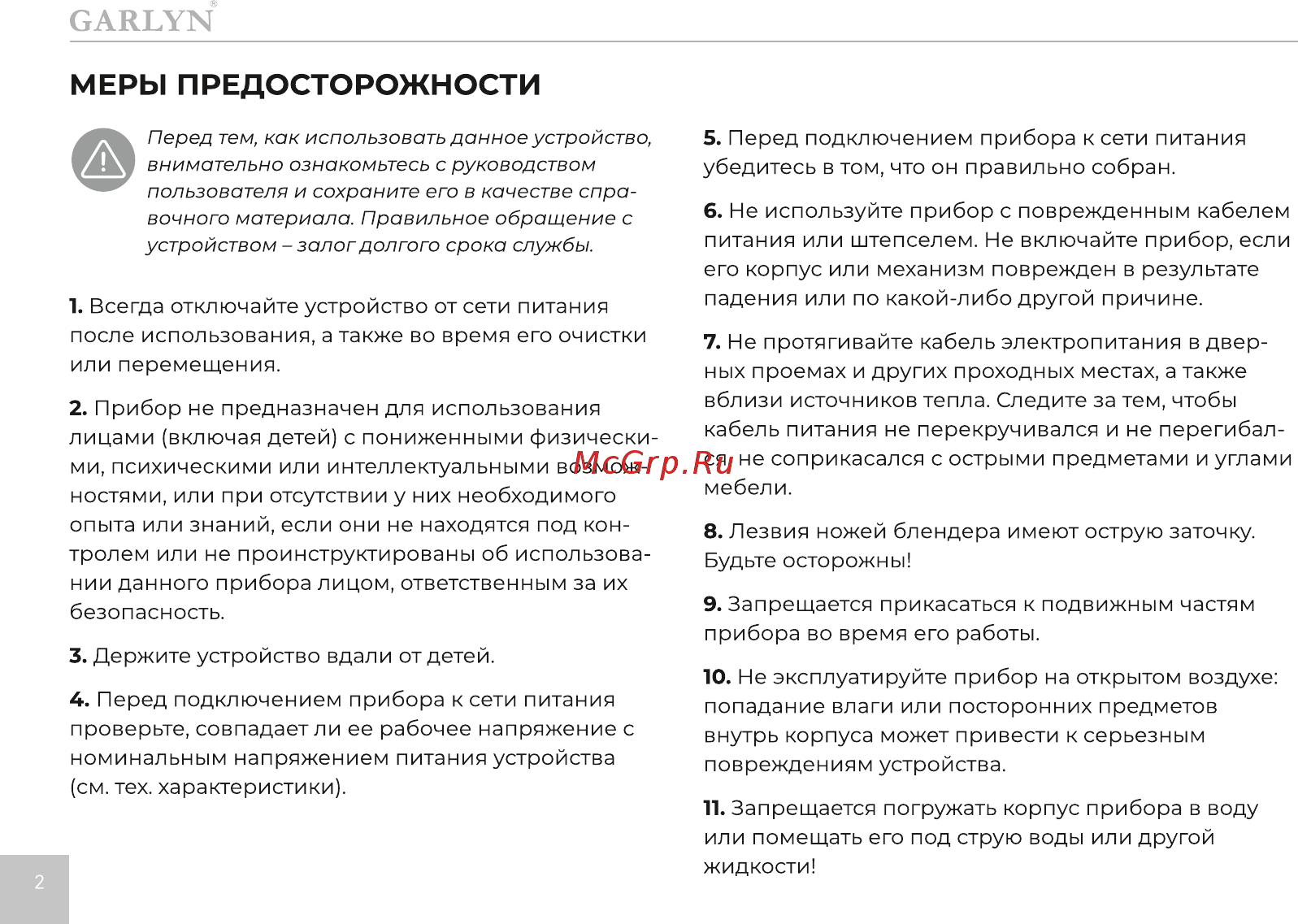 Garlyn HB-320 [3/21] Меры предосторожности