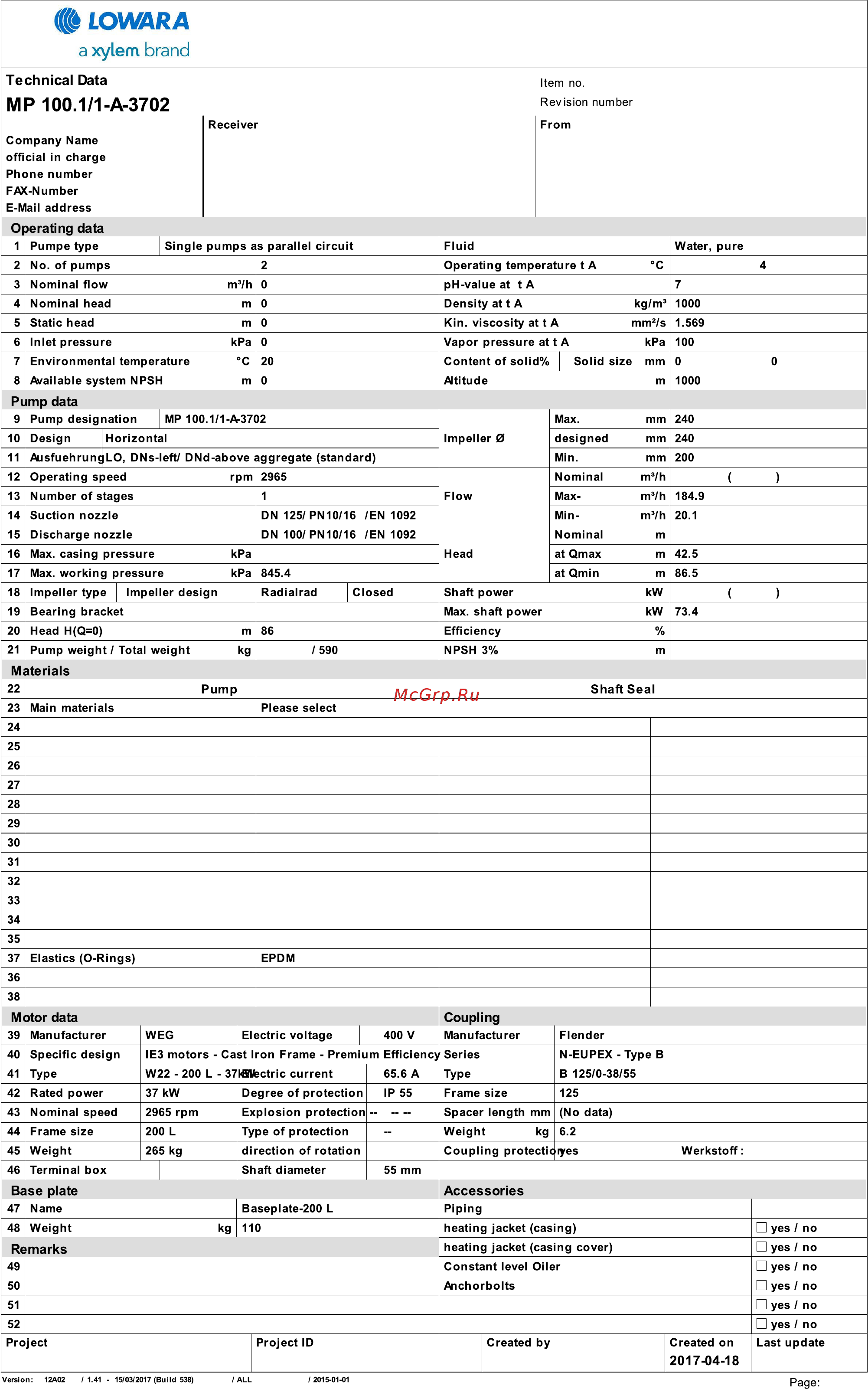 Lowara MPA 65.1/2-A-2202 Инструкция по эксплуатации онлайн