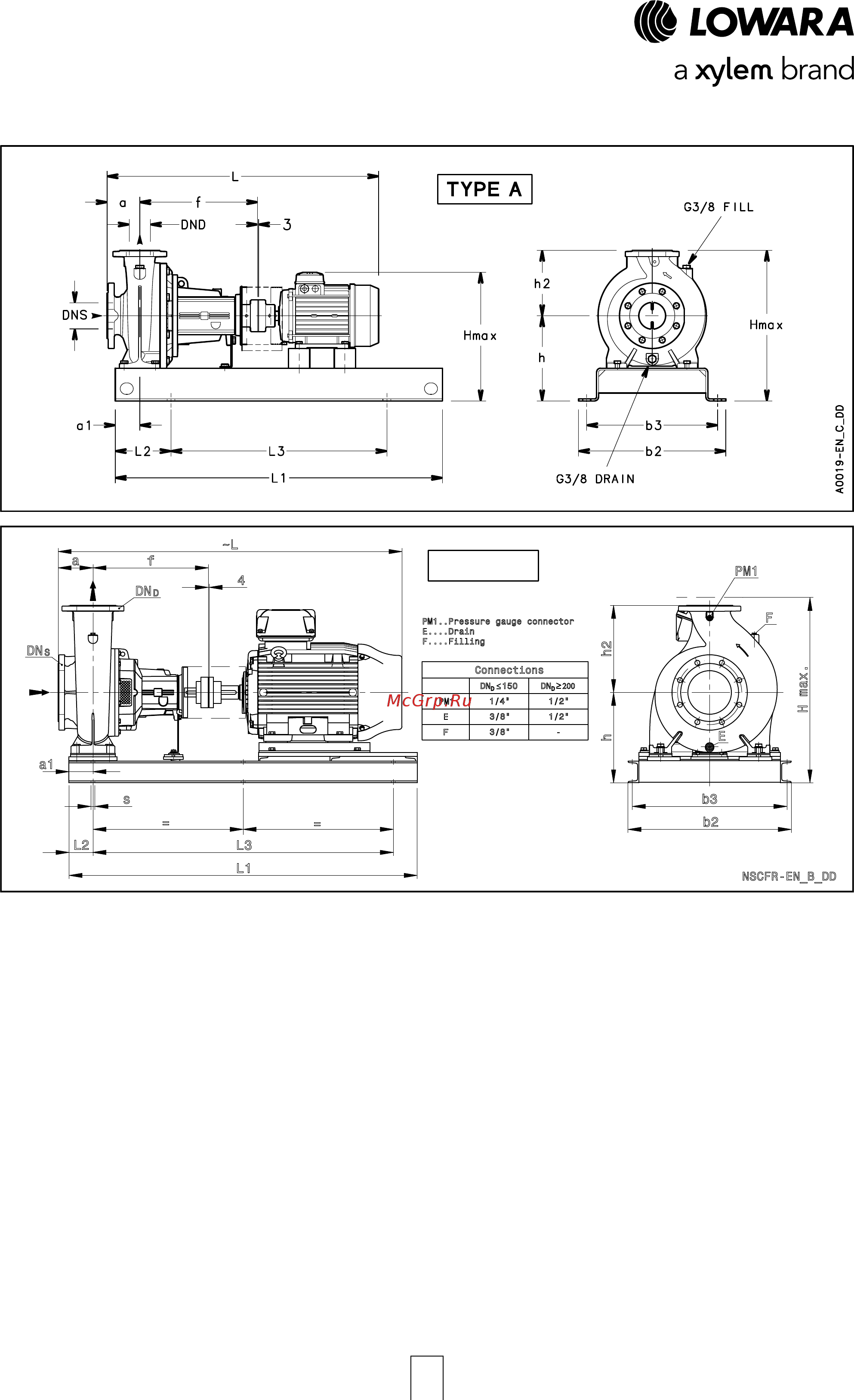 Lowara NSCE 40-160/07/X45 RCS4 [158/204] Nscf 80 100 125 series mounted on base dimensions and weights at 50 hz 4 poles