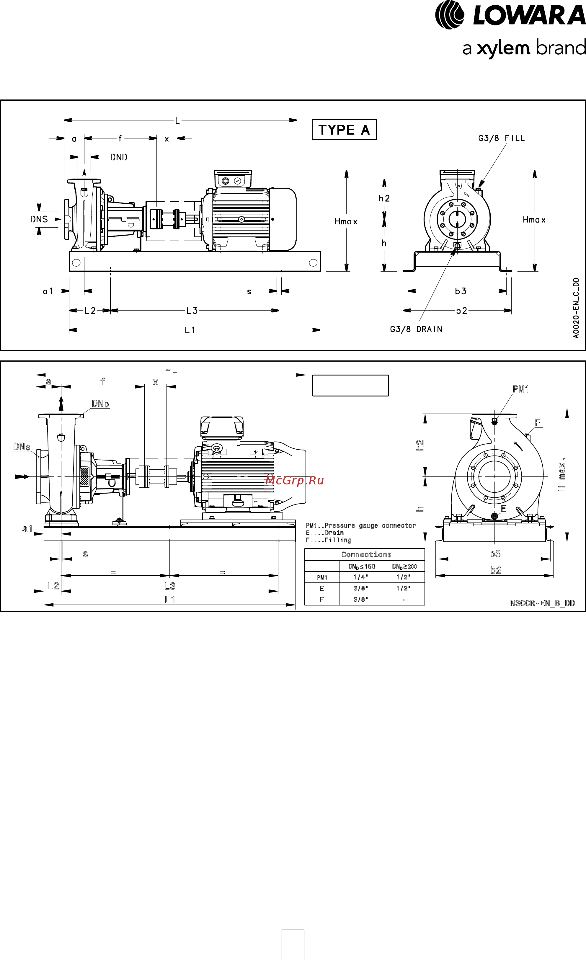 Lowara NSCF 250-400/750/W45 VDC4 [168/204] Nscc 80 100 125 series spacer coupling dimensions and weights at 50 hz 4 poles