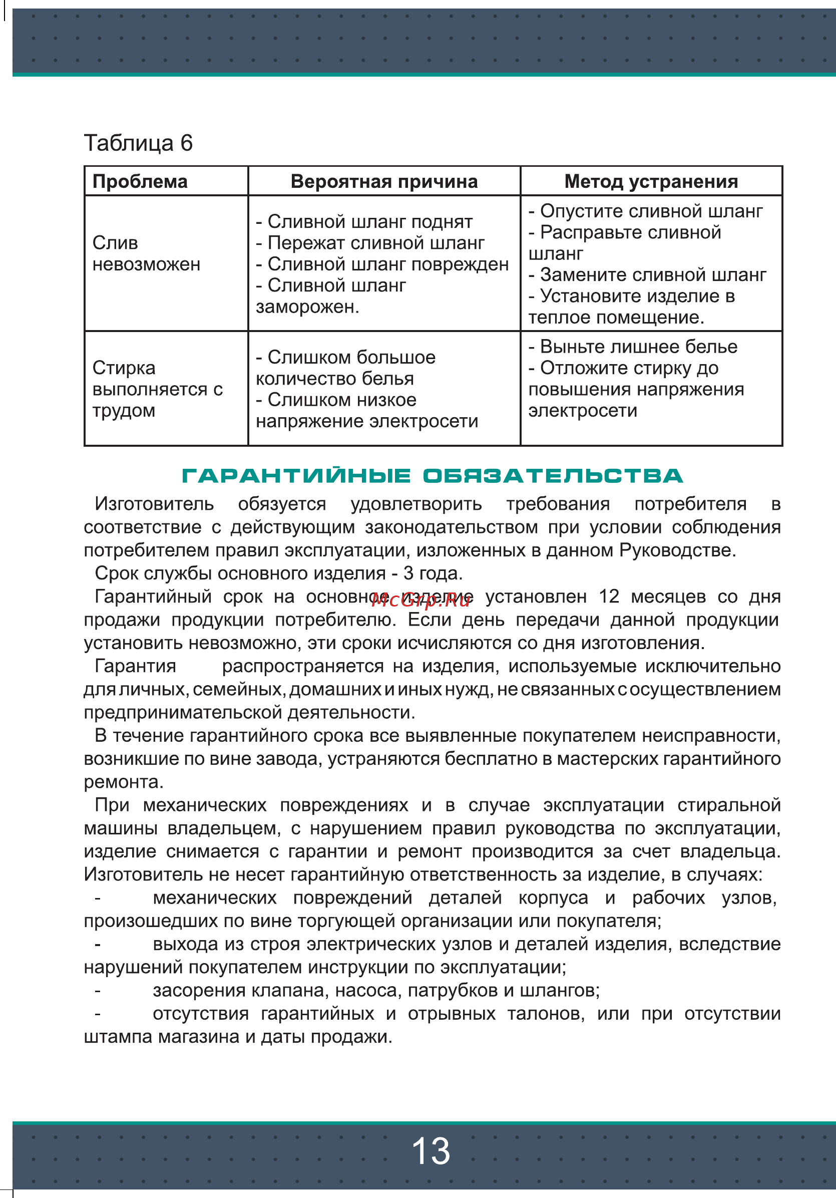 Zarget ZWM 62S [13/16] Таблица 6