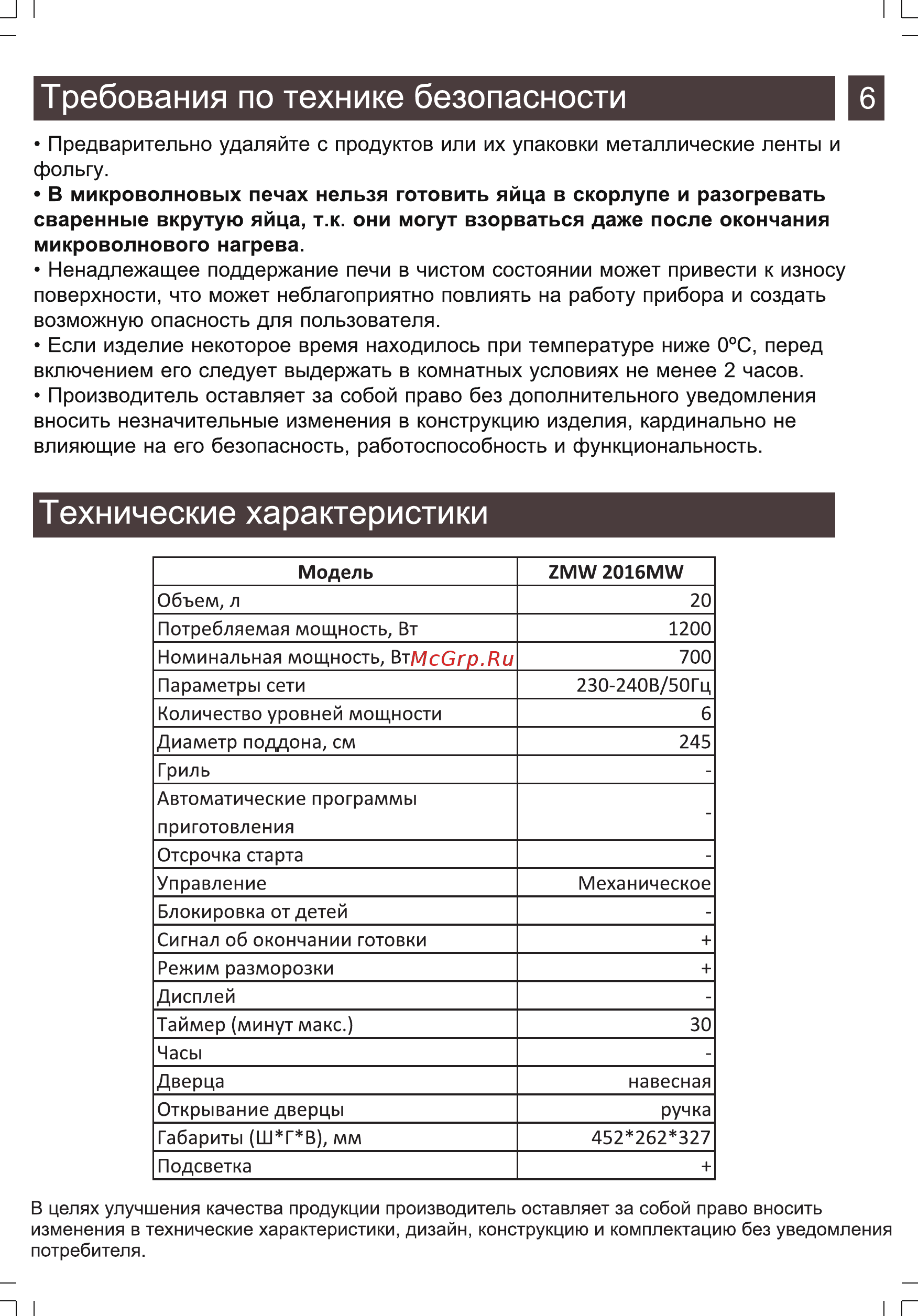 Zarget ZMW 2016MW [6/16] Технические характеристики