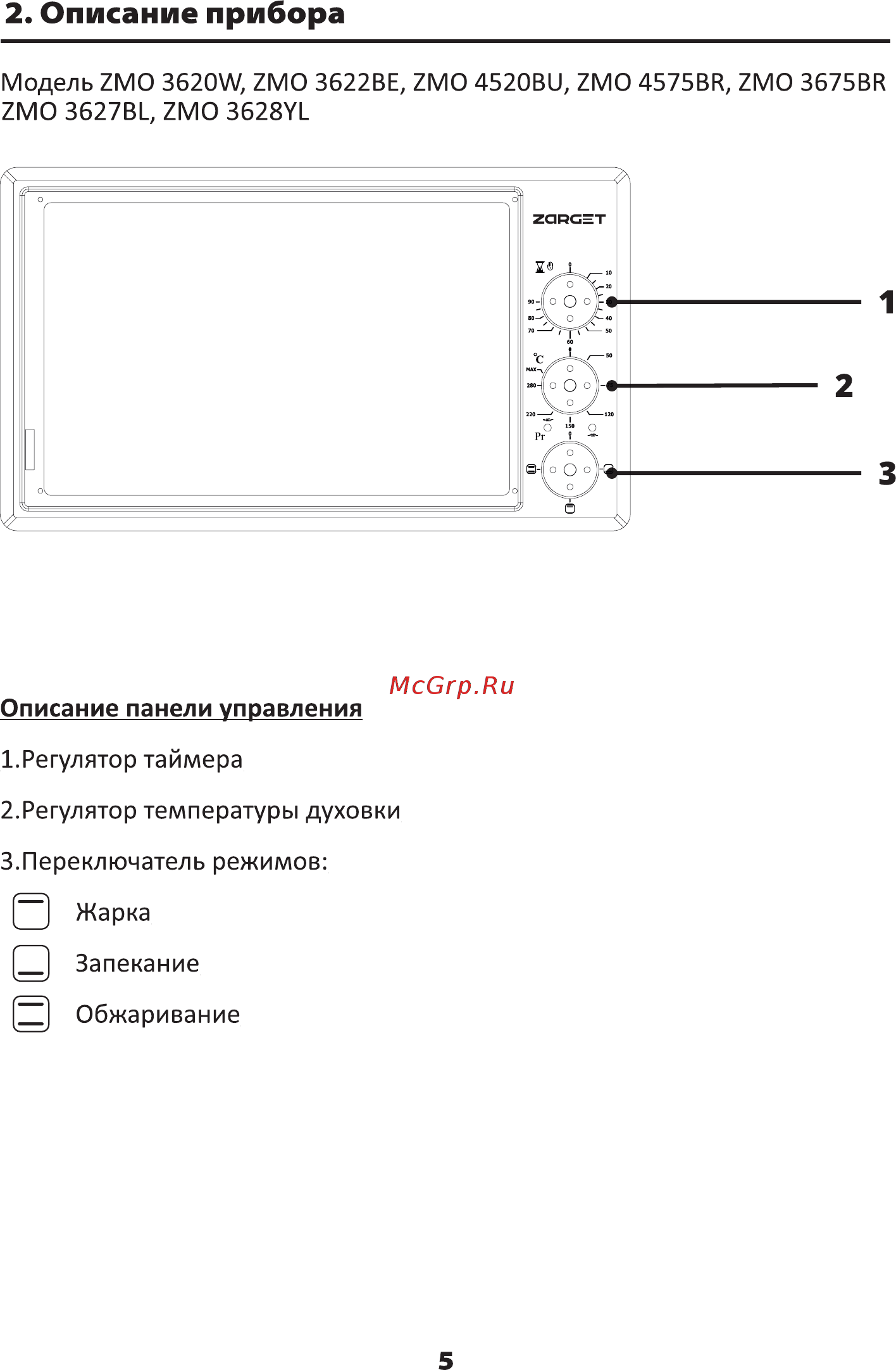 Zarget ZMO 3655WH [5/16] Описание прибора