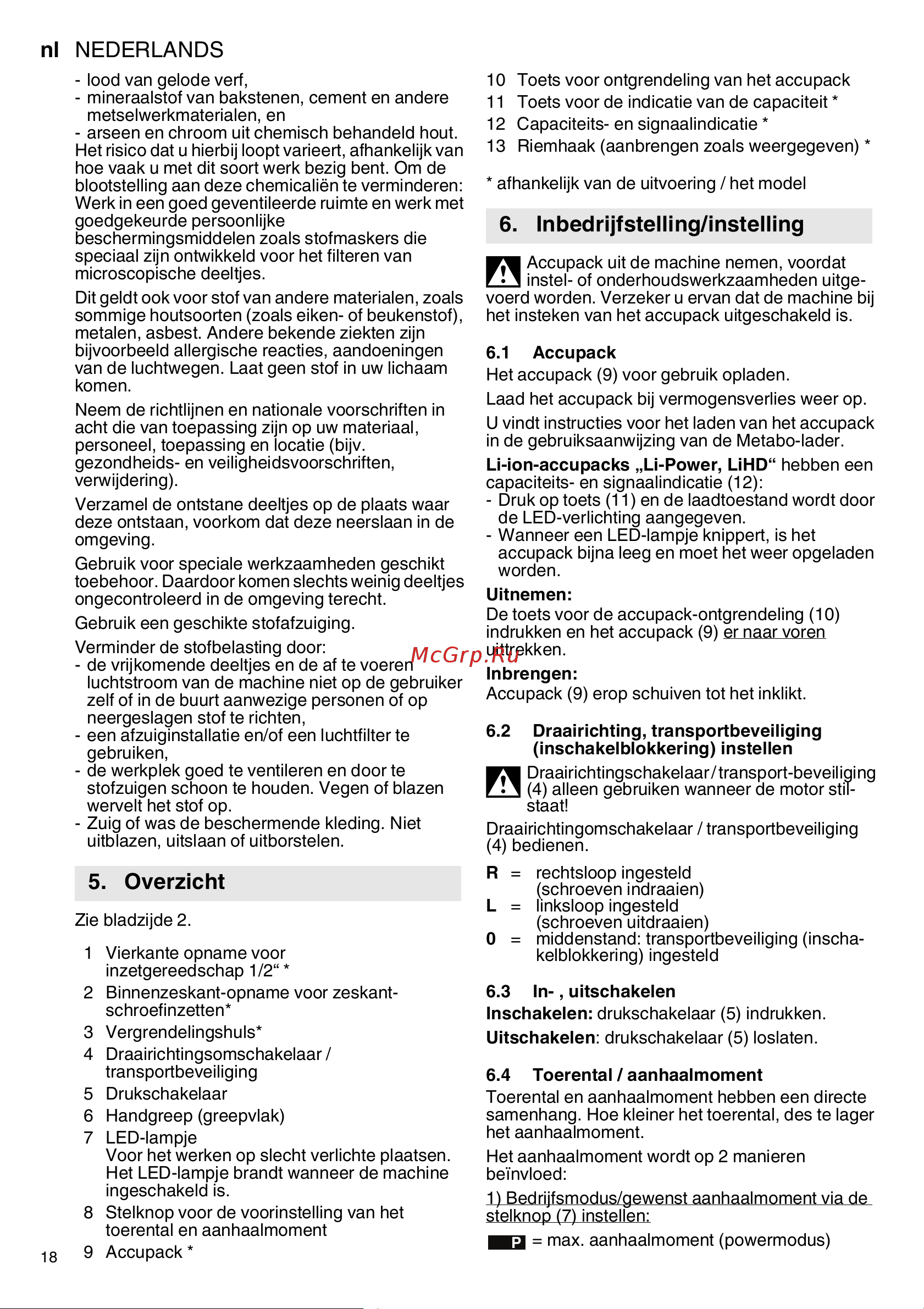 Metabo SSW 18 LTX 300 BL (602395840) без акк. и з.у Инструкция по эксплуатации онлайн [18/68] 668934