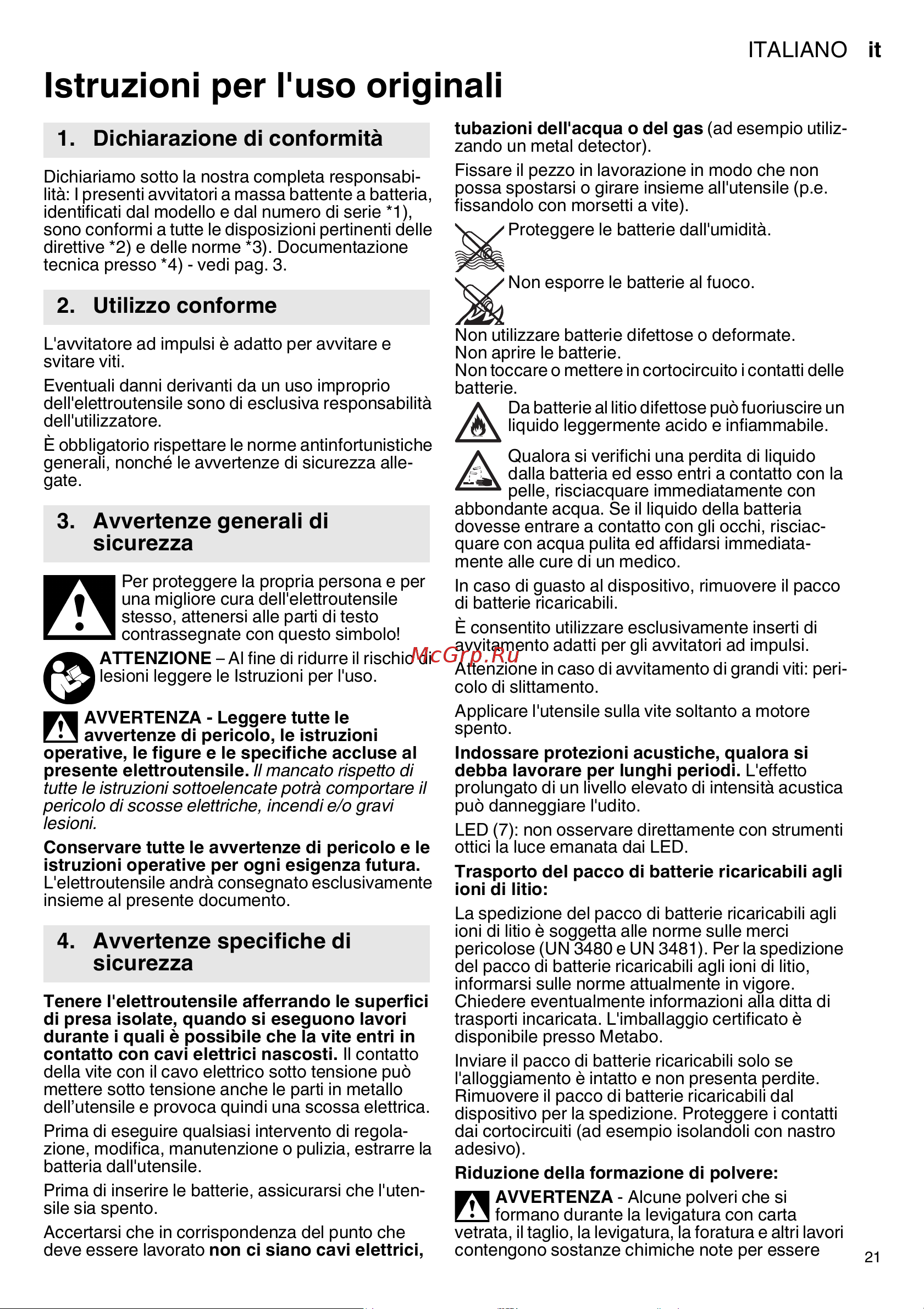 Metabo SSW 18 LTX 300 BL (602395840) без акк. и з.у Инструкция по эксплуатации онлайн [21/68] 668934
