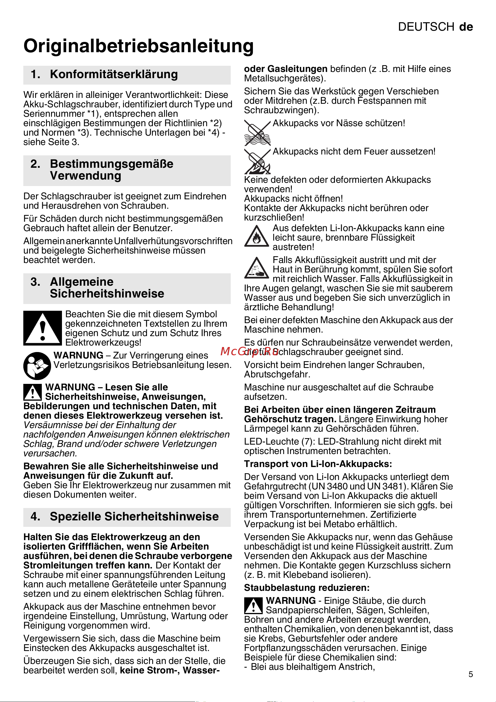 Metabo SSW 18 LTX 300 BL (602395840) без акк. и з.у Инструкция по эксплуатации онлайн [5/68] 668934