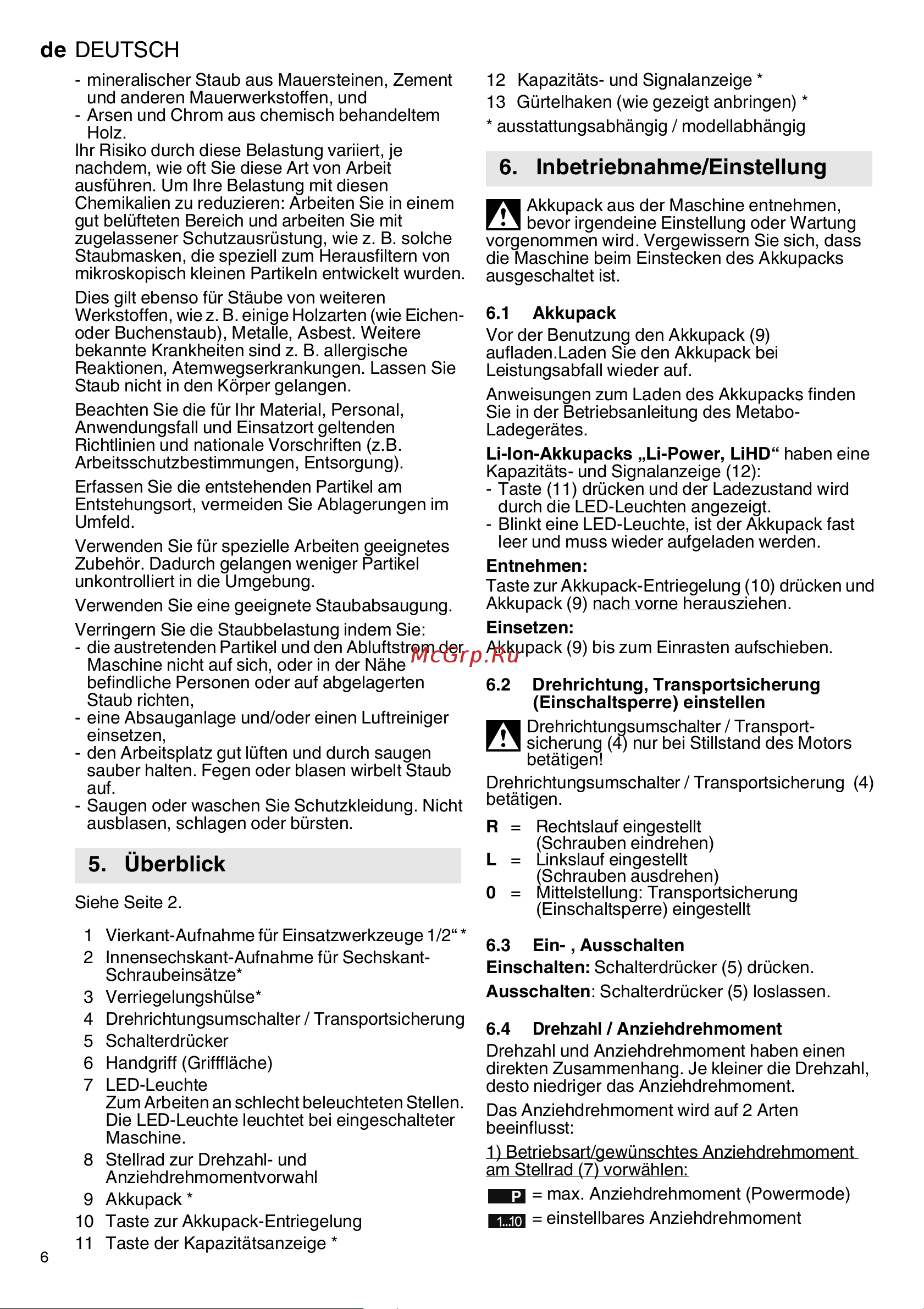 Metabo SSW 18 LTX 300 BL (602395840) без акк. и з.у Инструкция по эксплуатации онлайн [6/68] 668934