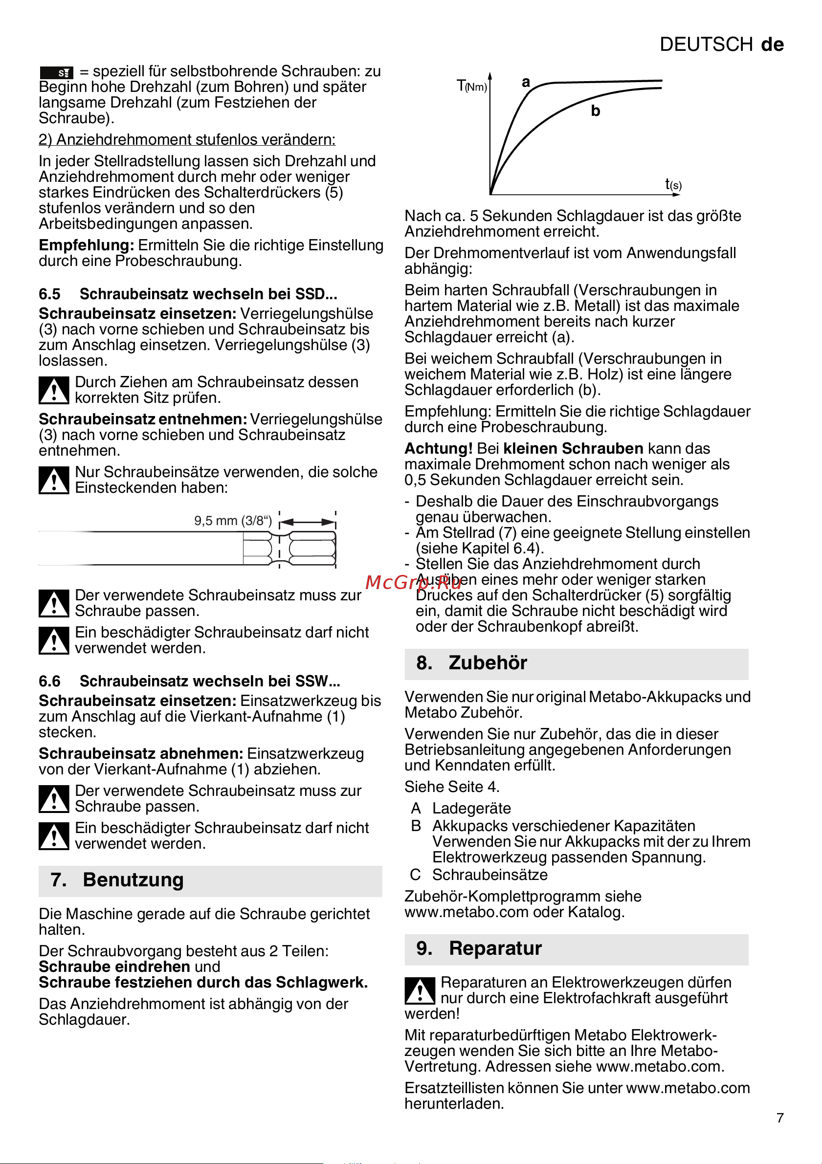 Metabo SSW 18 LTX 300 BL (602395840) без акк. и з.у Инструкция по эксплуатации онлайн [7/68] 668934