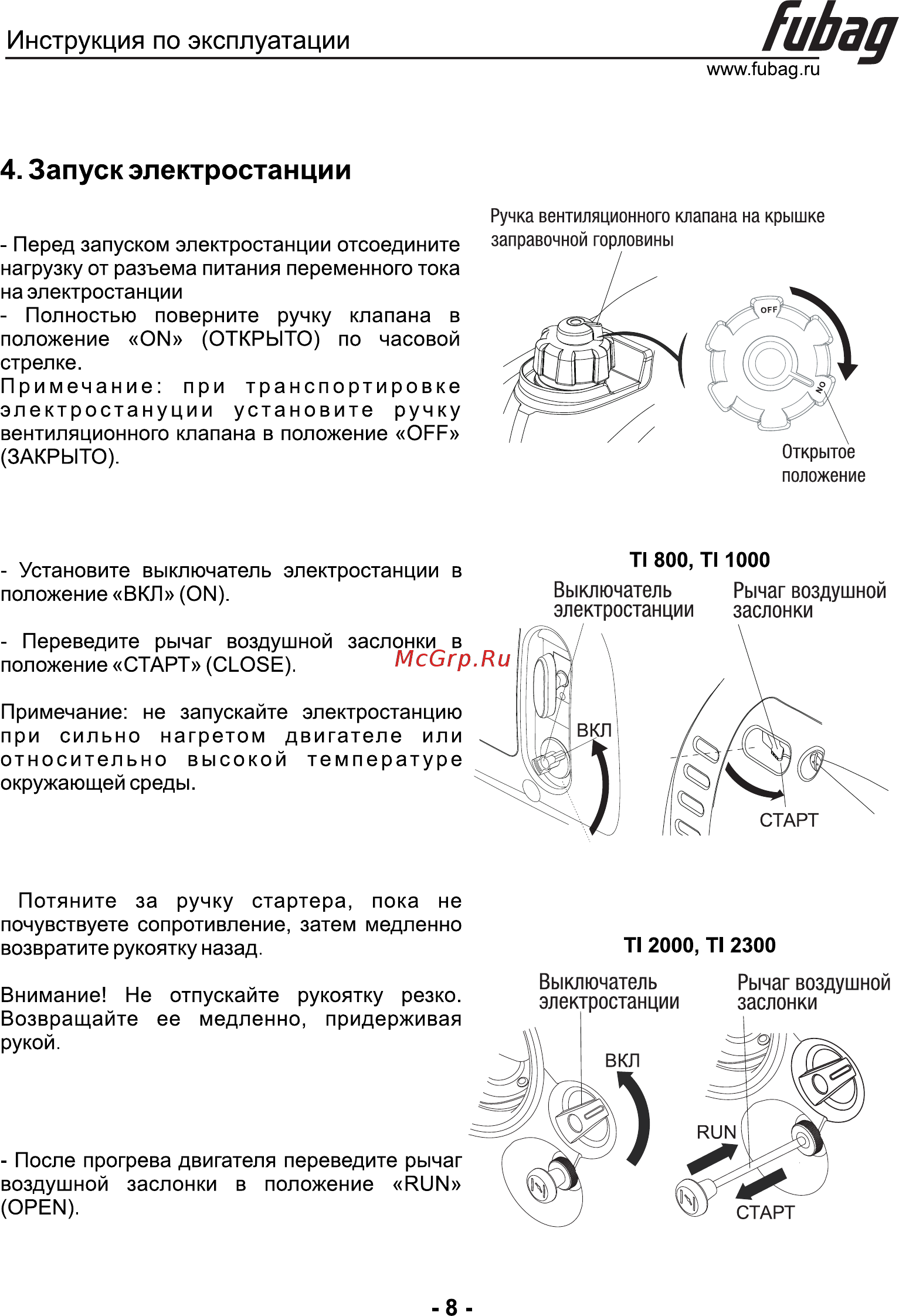 Fubag TI 800 838977 [9/22] Запуск электростанции