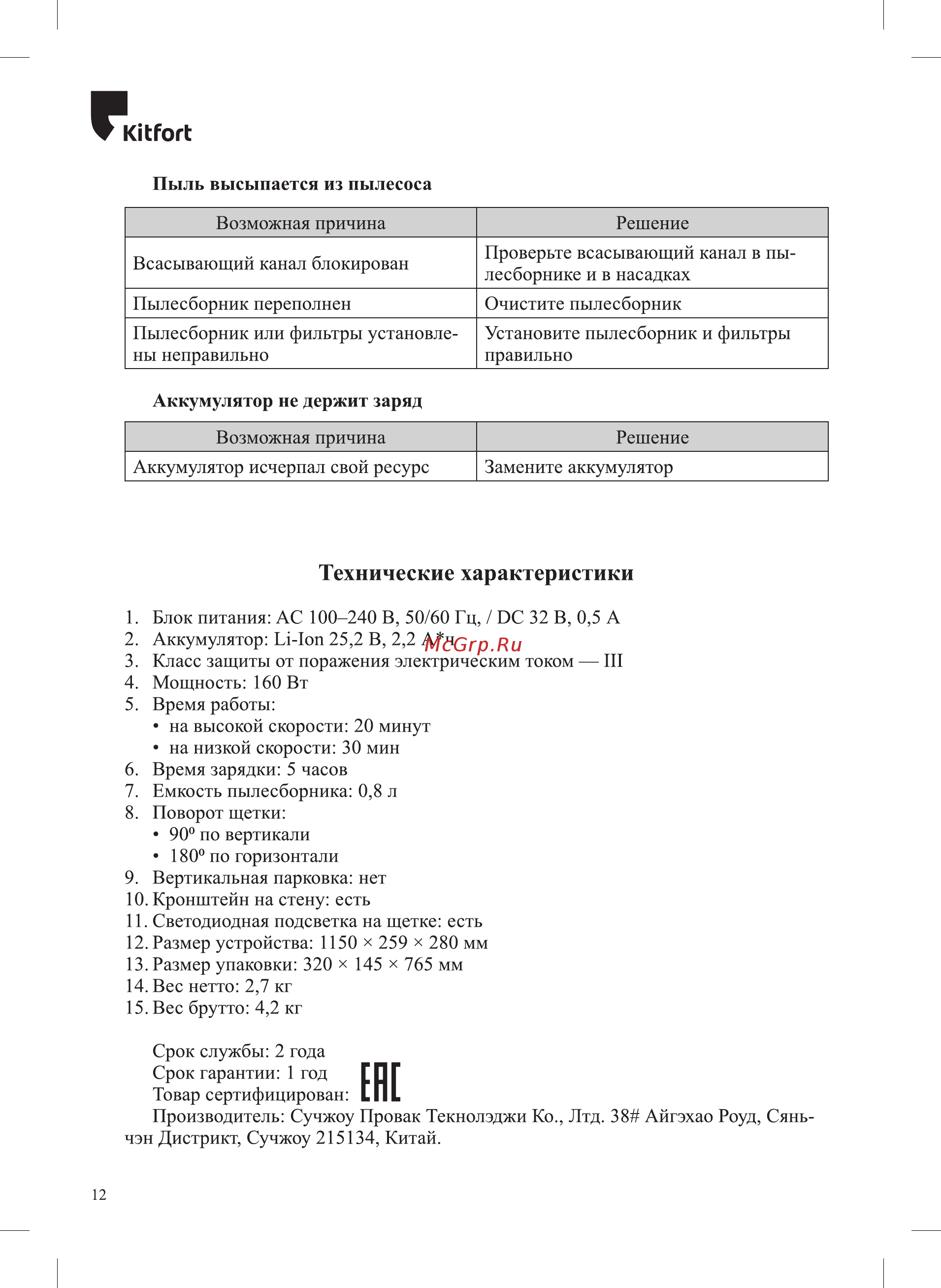 Kitfort КТ-543-1 бордовый [12/16] Технические характеристики