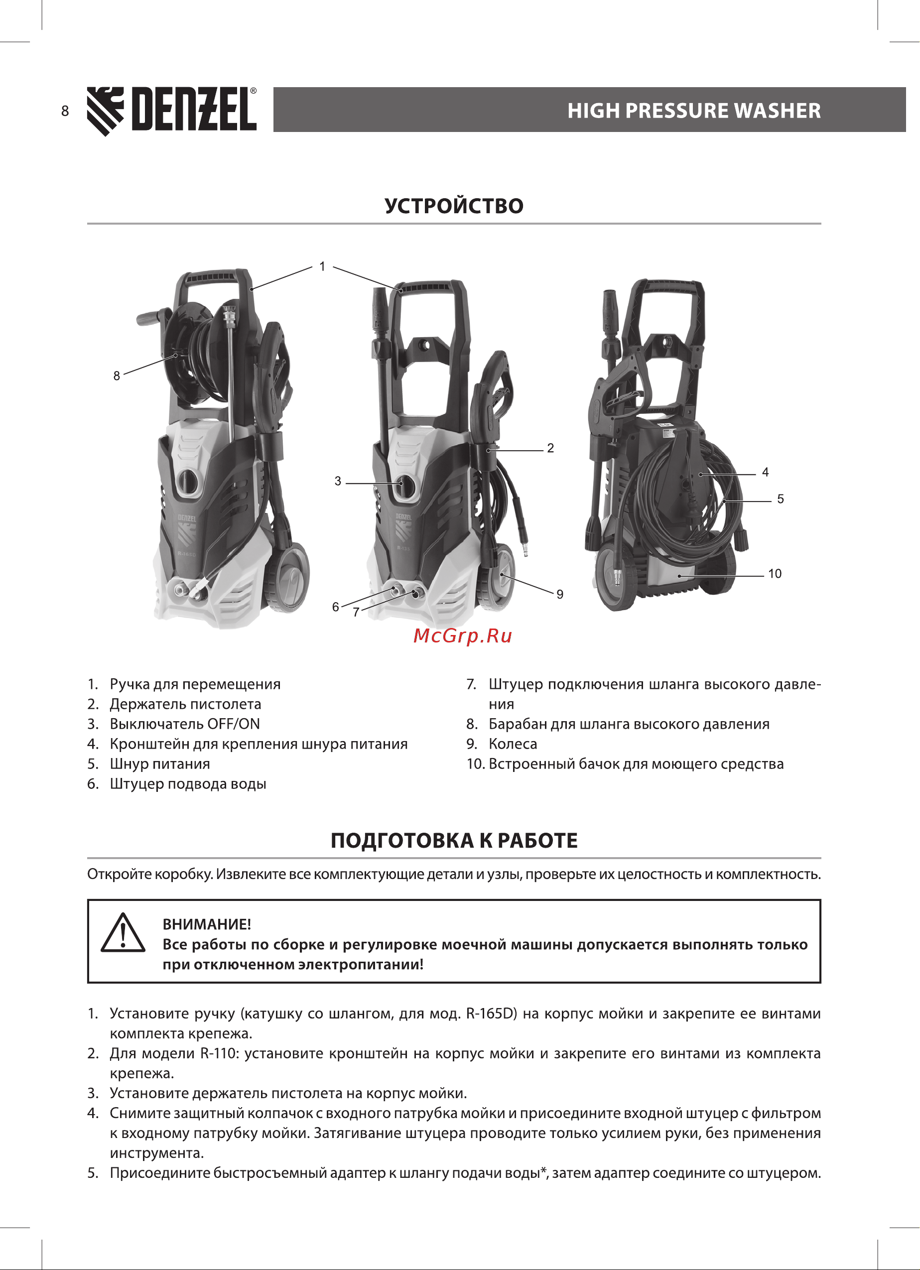 Denzel R-165D (58235) [8/12] Подготовка к работе