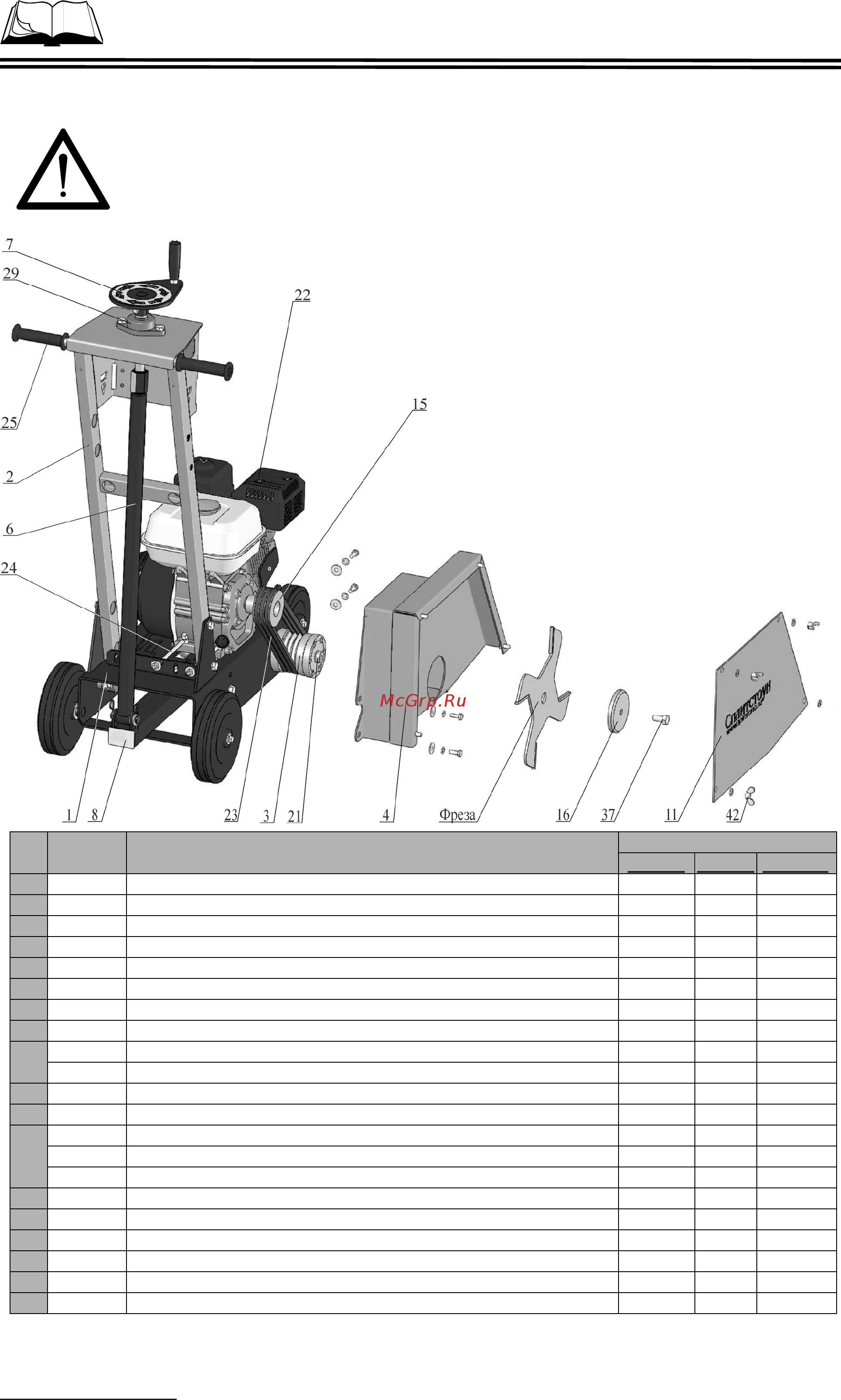 Сплитстоун CR1413 /двиг. Honda GX390 /11,7HP/ 143184 [7/34] Здесь и далее кроме раздела 6 в таблицах в рисунках указаны наимено вание и обозначение узлов и деталей к резчикам с двигателем марки honda с метрическим валом литеры в обозначении двигателя sx