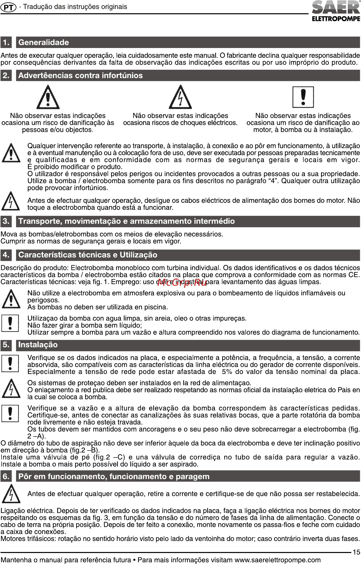 Saer BP5  400V [15/24] Pôr em funcionamento funcionamento e paragem