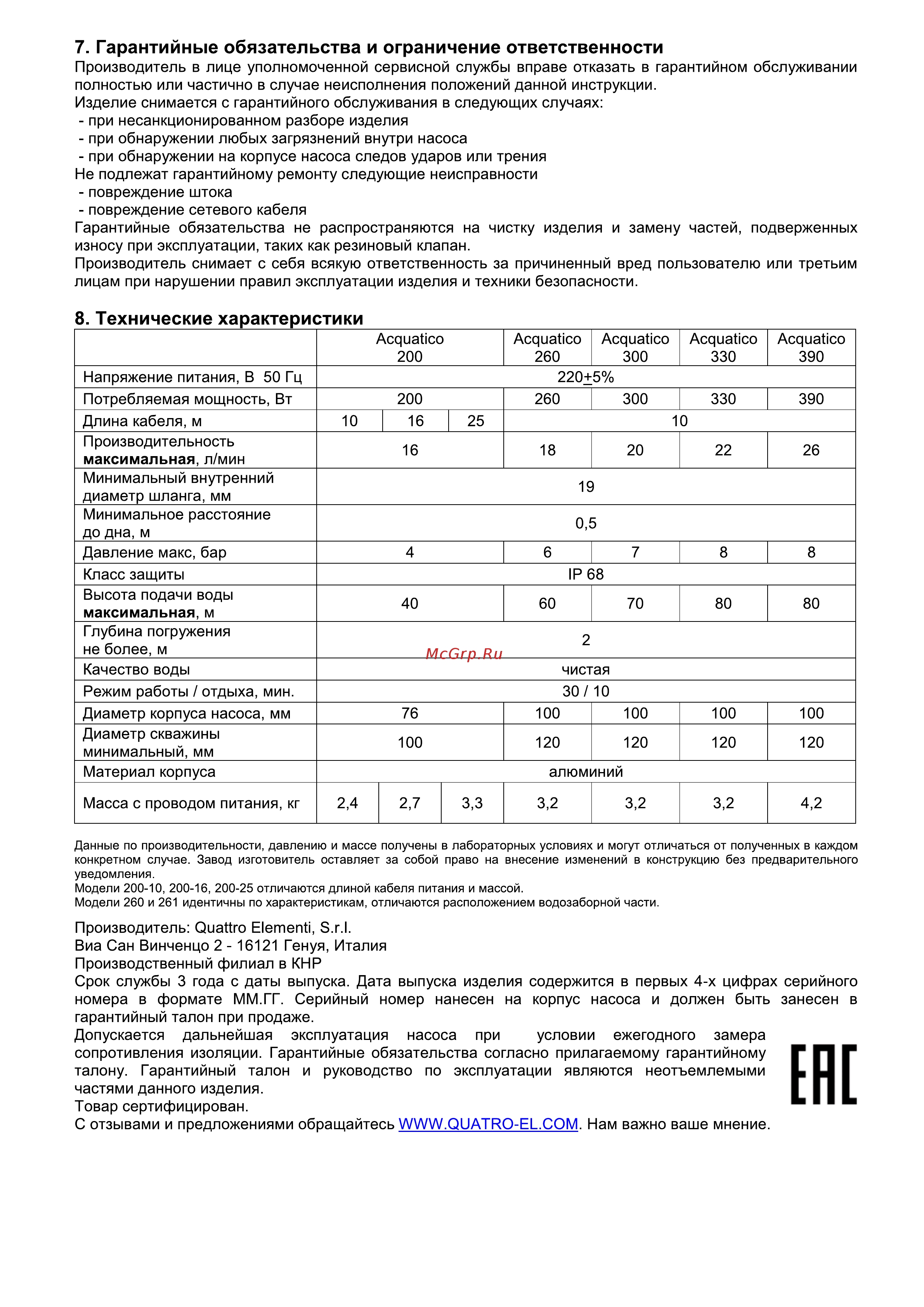 Quattro Elementi Acquatico 260-25 [4/4] Гарантийные обязательства и ограничение ответственности
