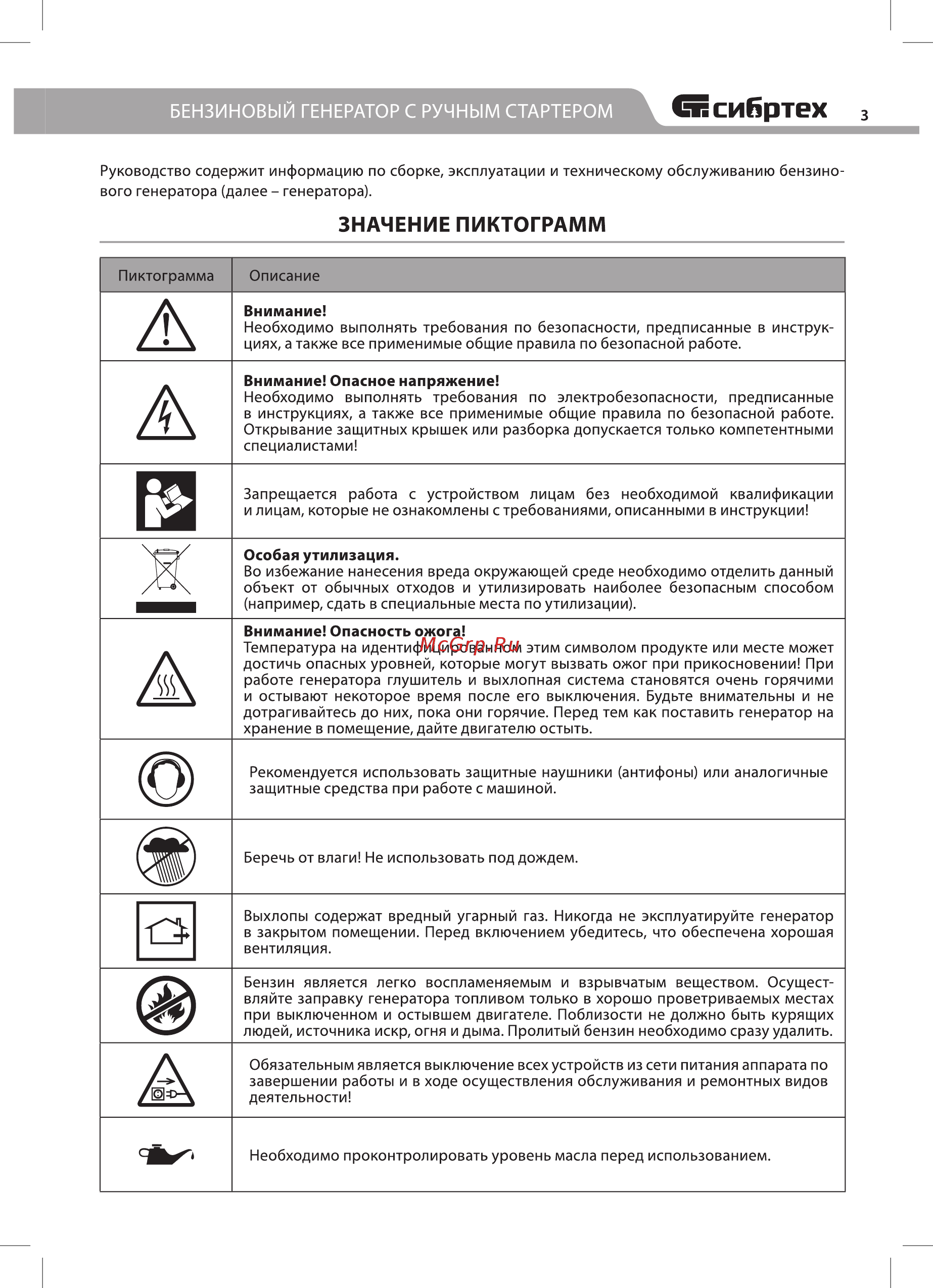 СИБРТЕХ БС-2800 (94543) [3/24] Бензиновый генератор с ручным стартером