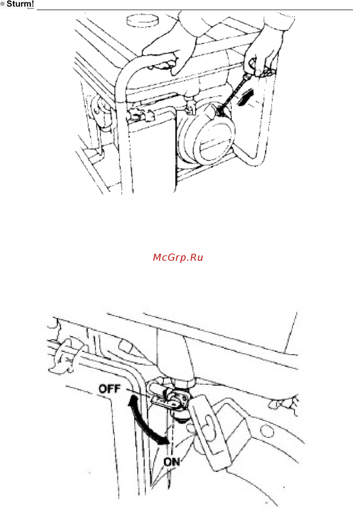 Sturm PG8770E [7/39] Топливный клапан располагается между топливным баком и карбюратором когда рычаг клапана находится в положении вкл on топливо течет из топливного бака в карбюратор убедитесь что после остановки двигателя вы вернули рычаг в положение выкл off