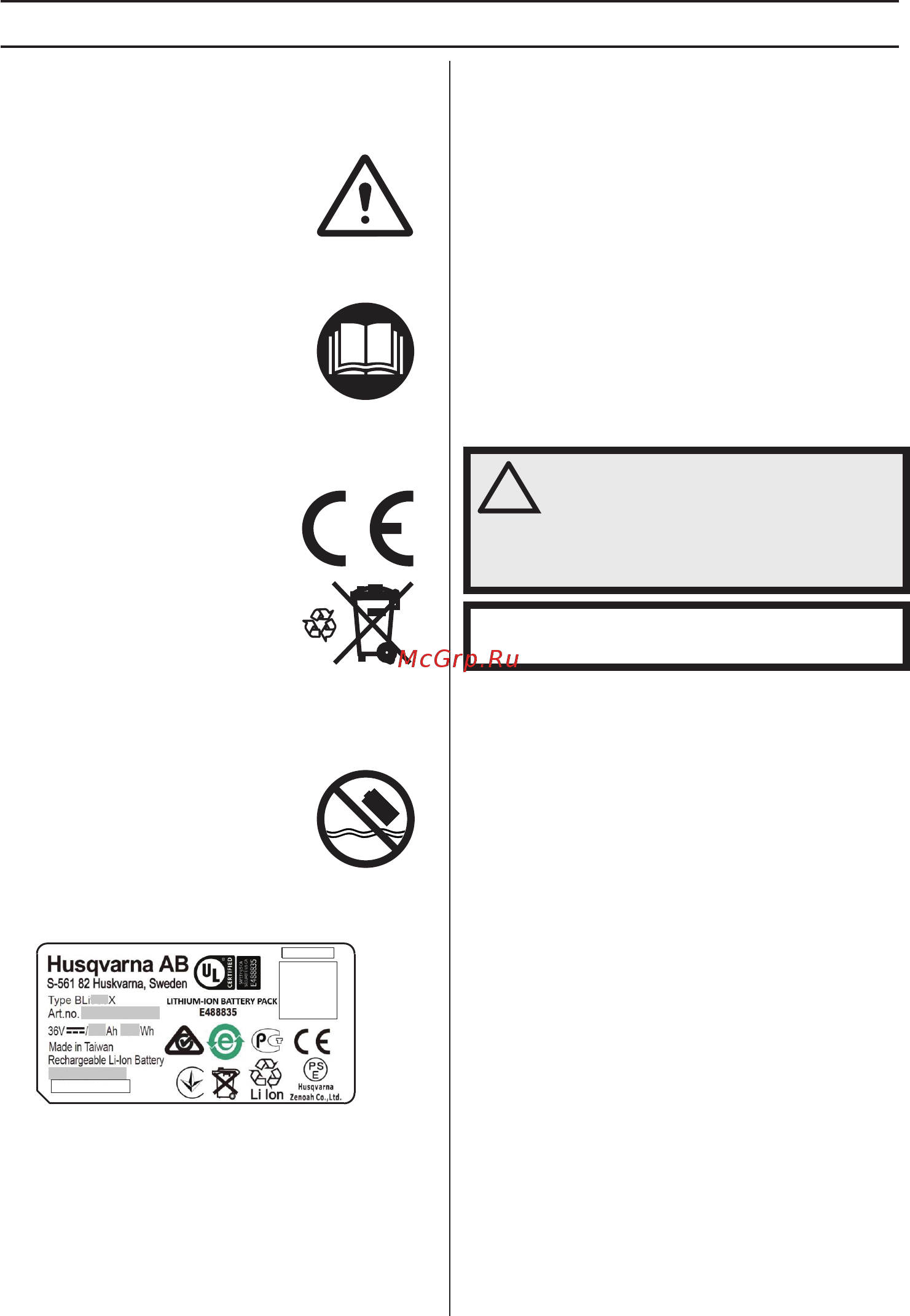 Husqvarna 36В 15.6Ач Li-Ion (BLi550X 9670931-01) [34/188] Allgemeine sicherheitsvorschriften