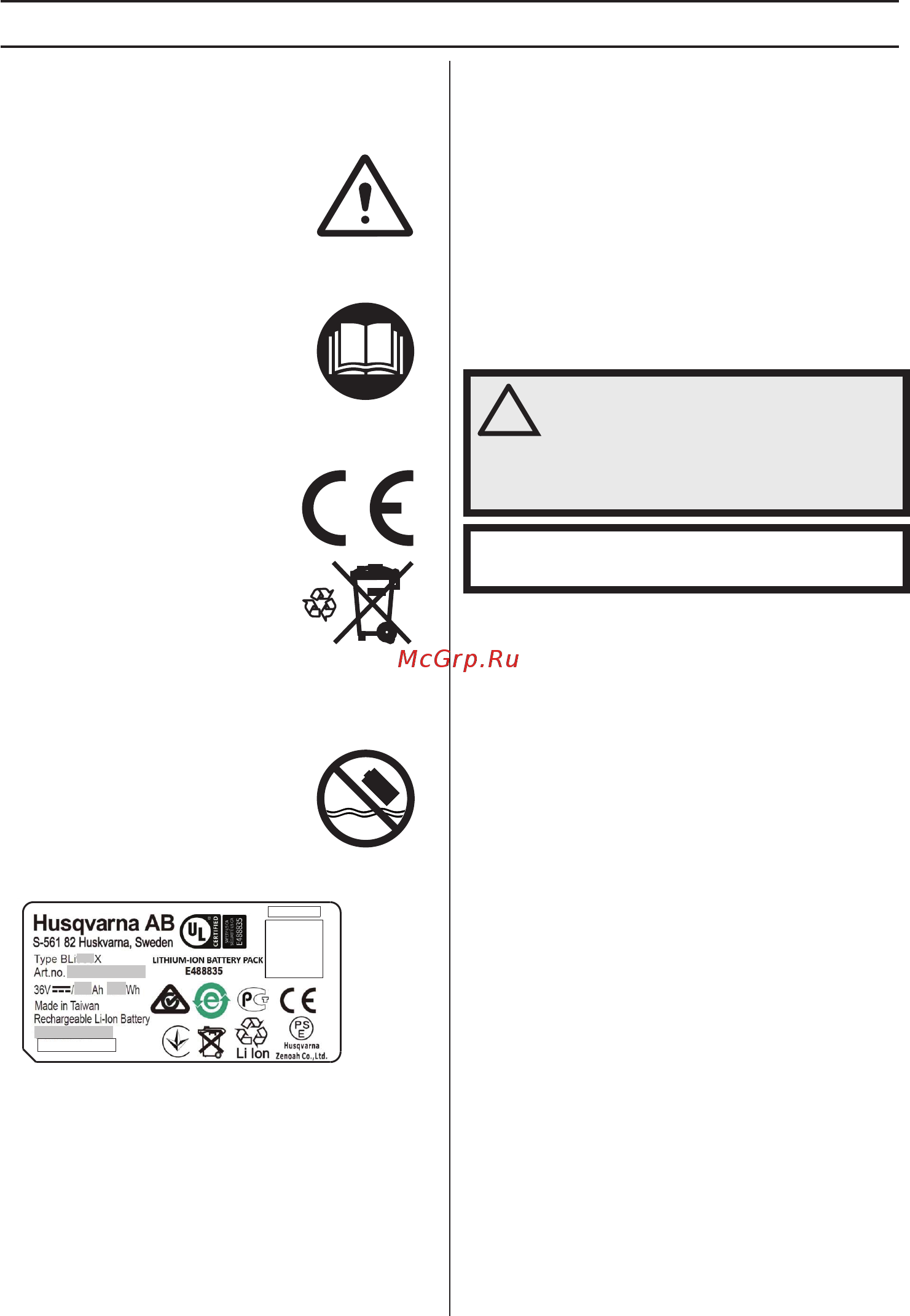 Husqvarna 36В 15.6Ач Li-Ion (BLi550X 9670931-01) [48/188] Algemene veiligheidsinstructies