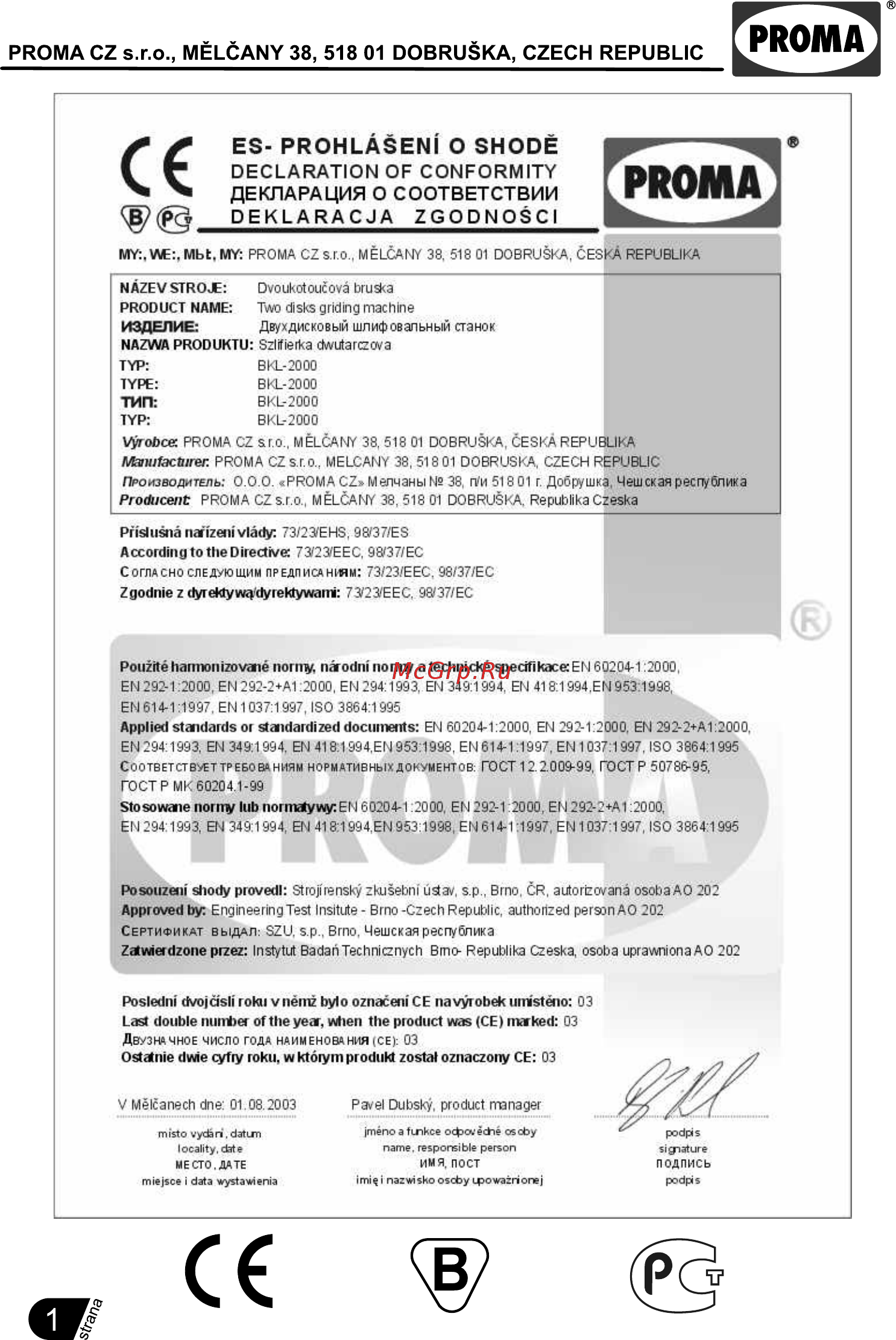 Proma BKL-2000 (25450200) [2/16] Declaration of conformity