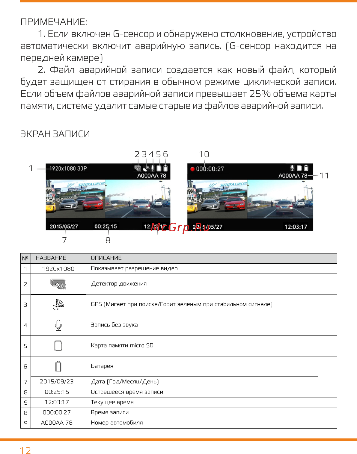 Carcam ДУО [11/20] Если включен е сенсор и обнаружено столкновение устройство