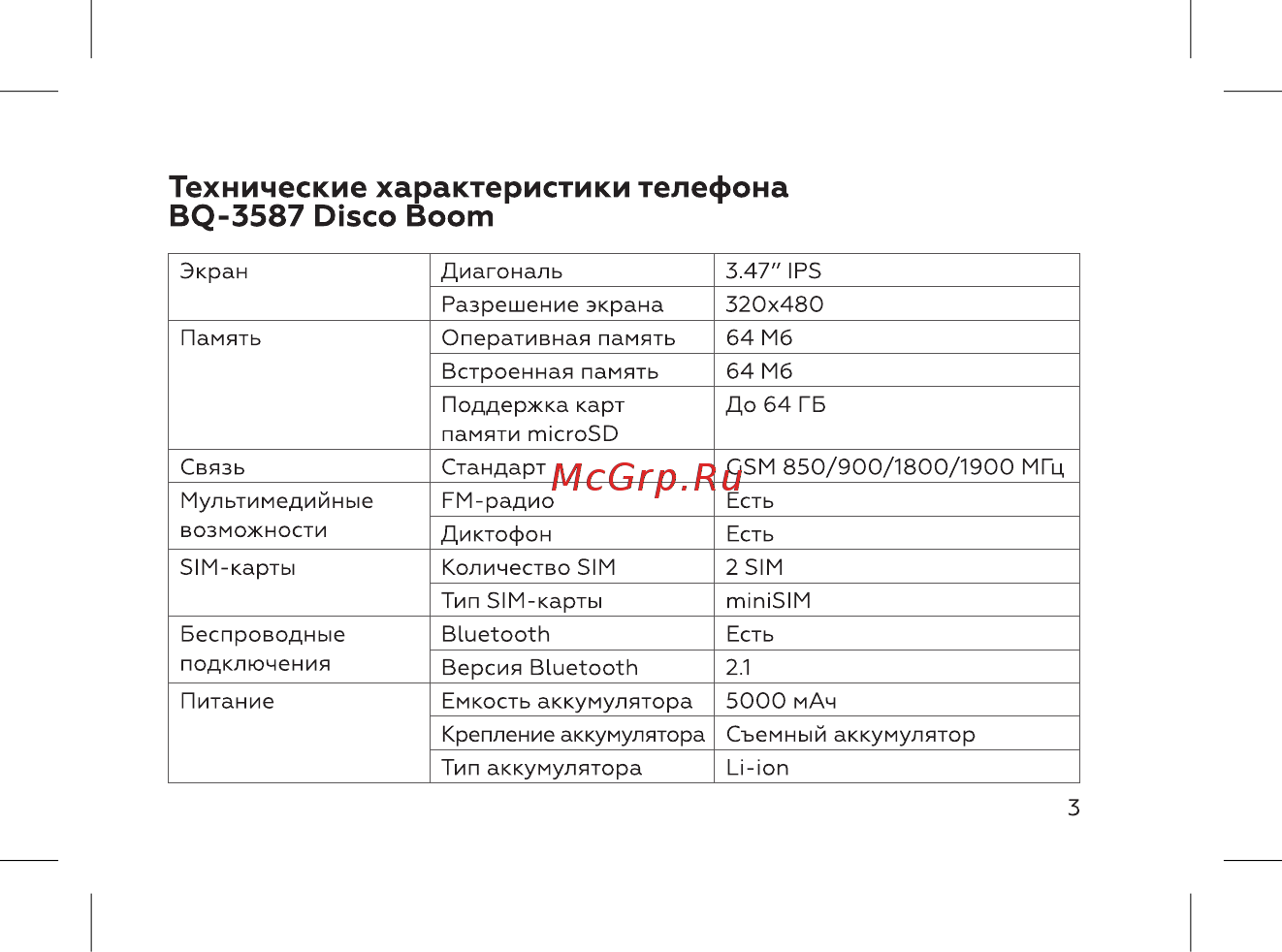 BQ 737433 [5/52] Технические характеристики телефона bq 3587 disco boom