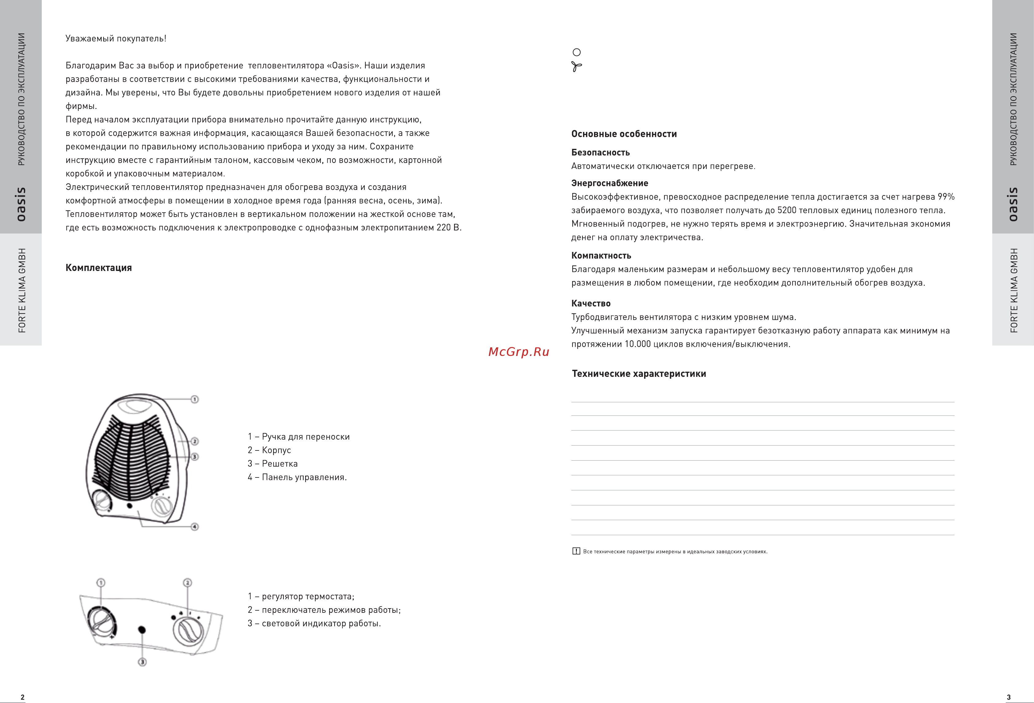 Oasis SB-20R (X) [3/7] Режимы работы тепловентилятора выключенно вентилятор i 1000 вт ii 2000 вт