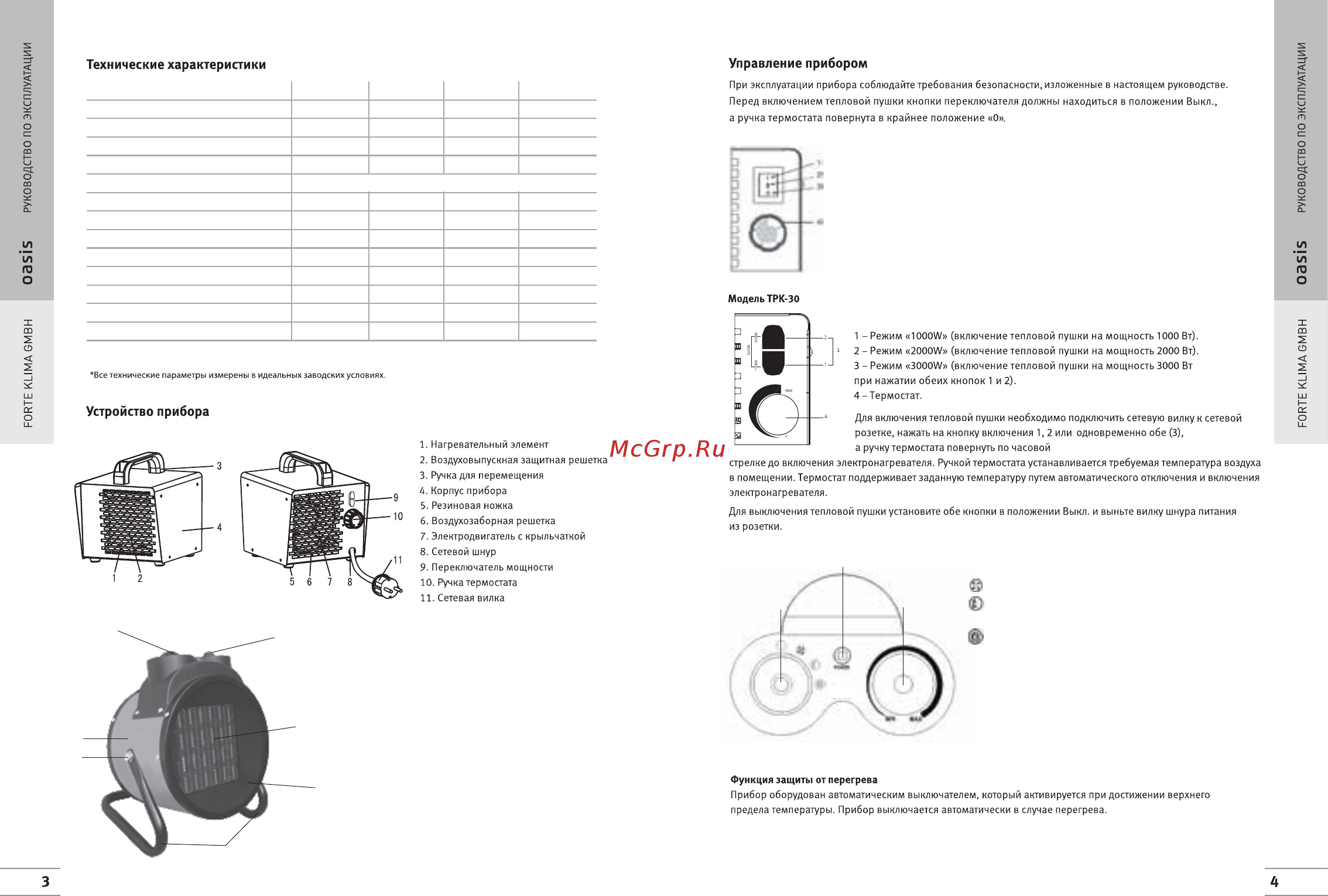 Oasis ТРК-30R [4/8] Нагревательный элемент 2 воздуховыпускная защитная решетка 3 ножки прибора 4 корпус прибора 5 переключатель мощности 6 ручка термостата 7 фиксатор