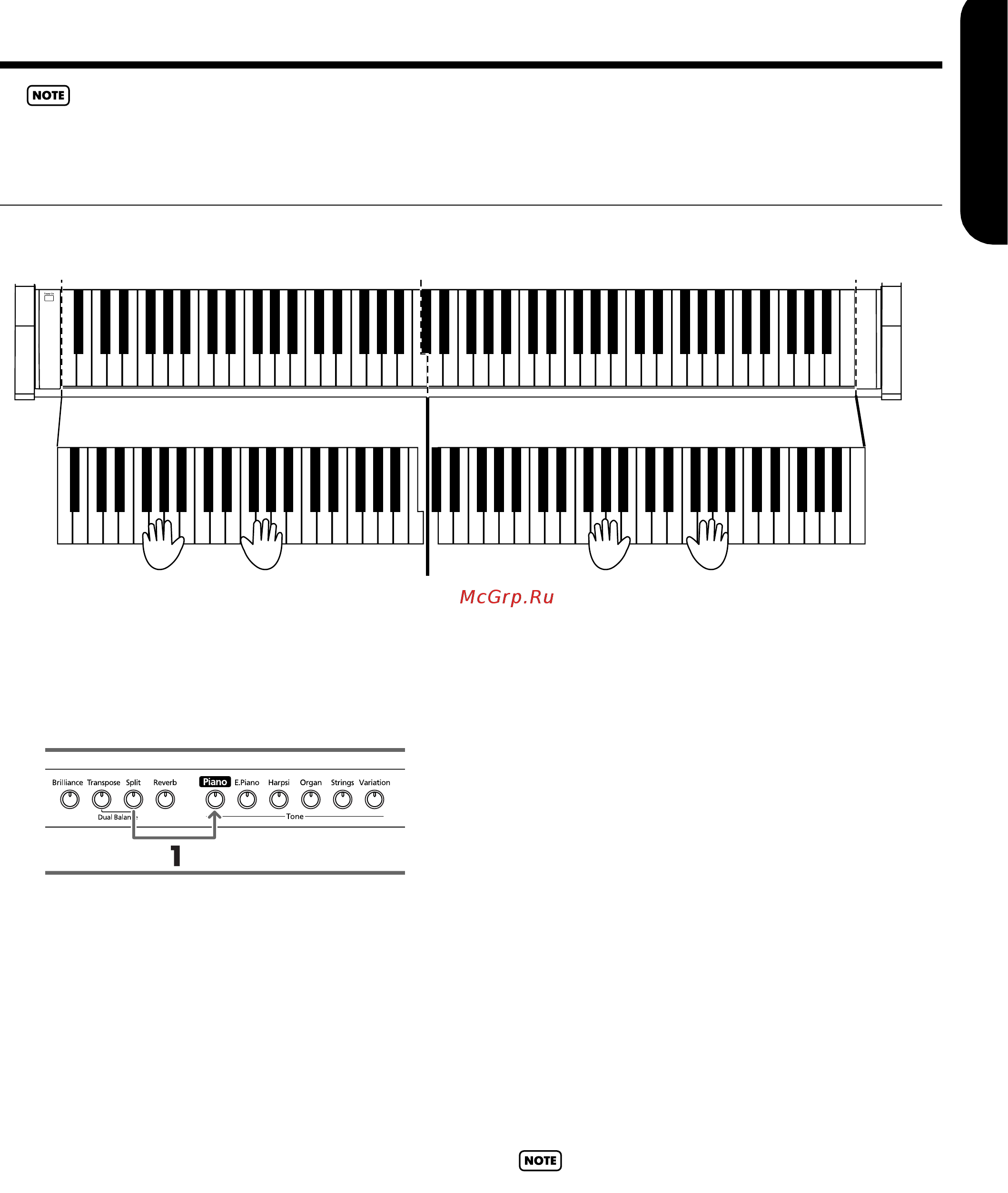 Roland HP-103 [19/42] Ðåæèì ðàçäåëåíèÿ êëàâèàòóðû äëÿ èãðû â 4 ðóêè twin piano mode