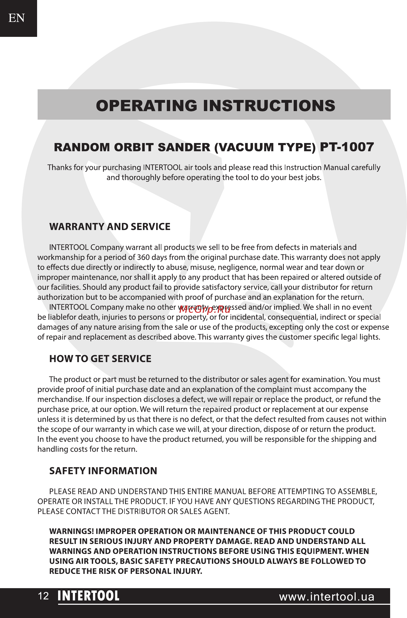 INTERTOOL PT-1007 [12/19] Operating instructions