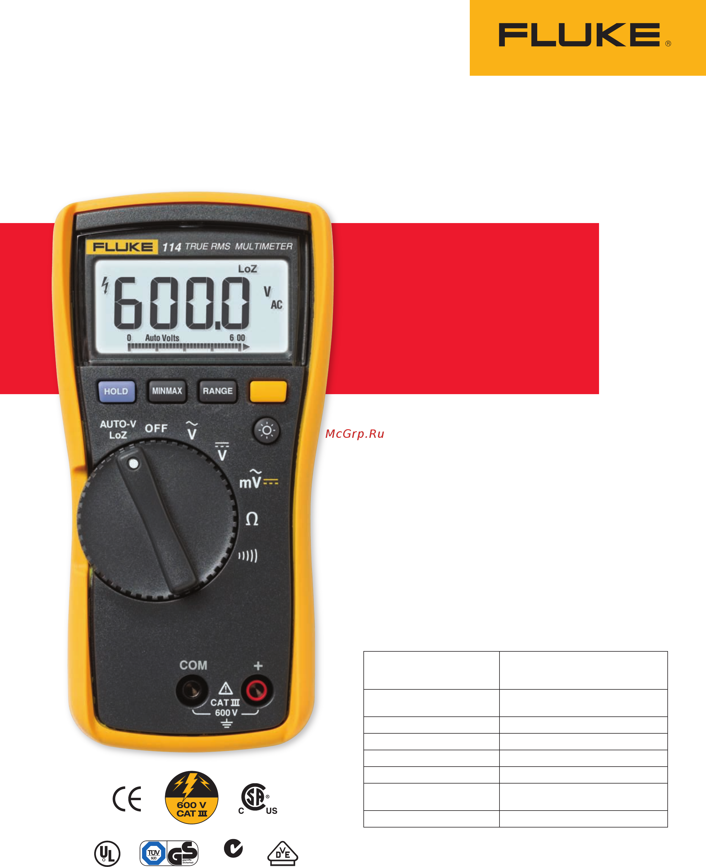 Fluke FLK-114 Технические характеристики онлайн