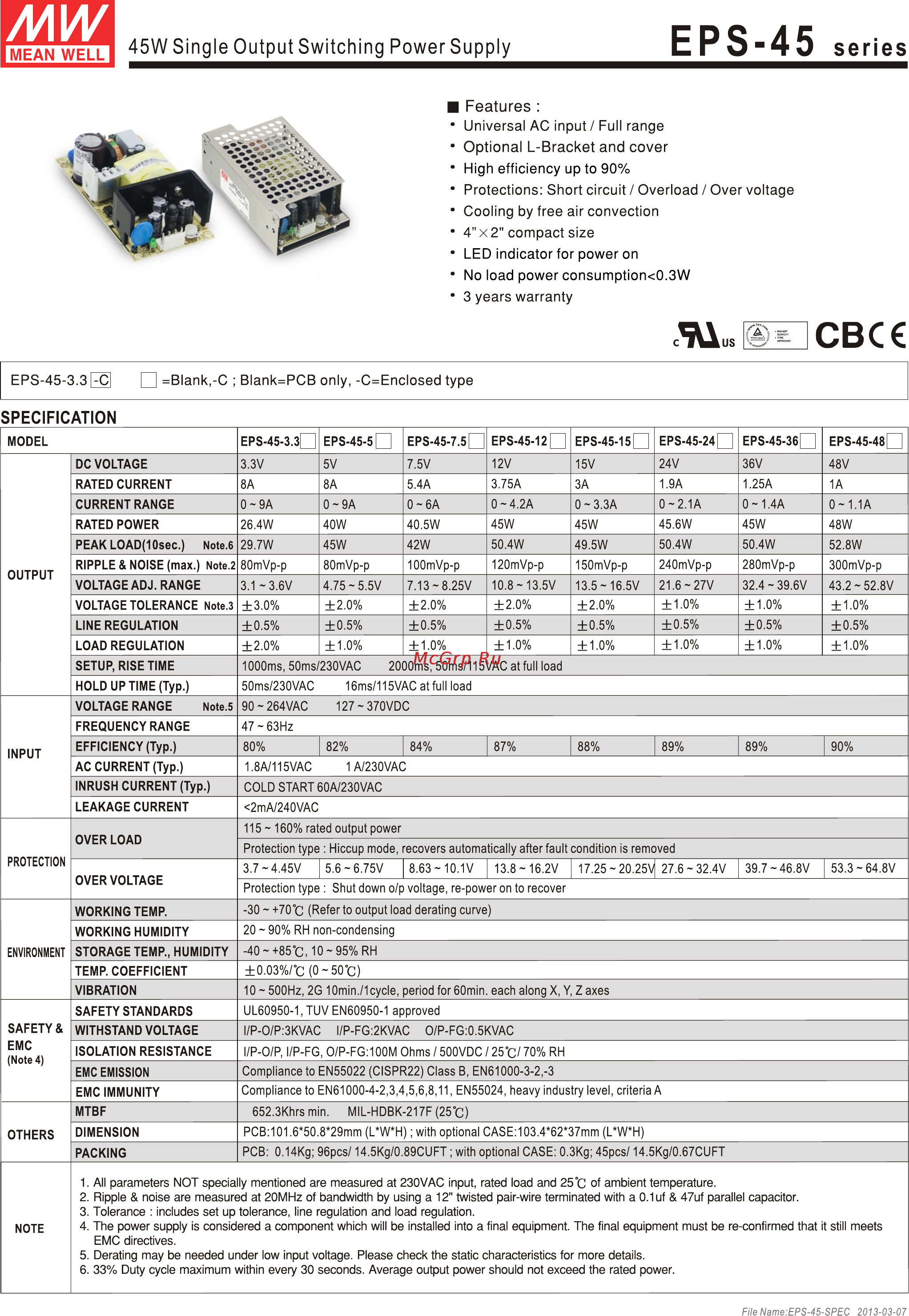 MEAN WELL EPS-45-48 Data Sheet онлайн
