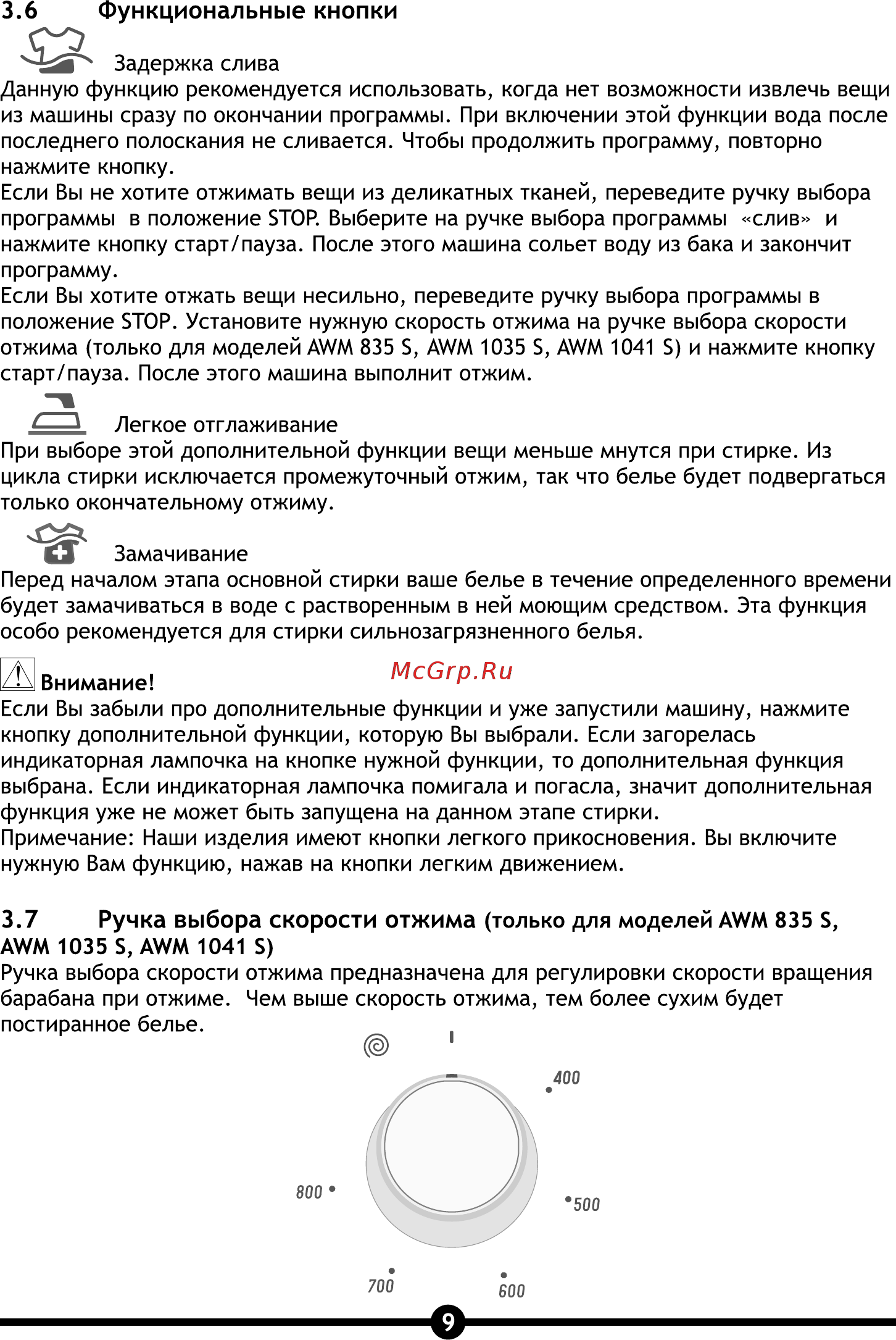 Vestel AWM 1041 (S) [11/28] Функциональные кнопки