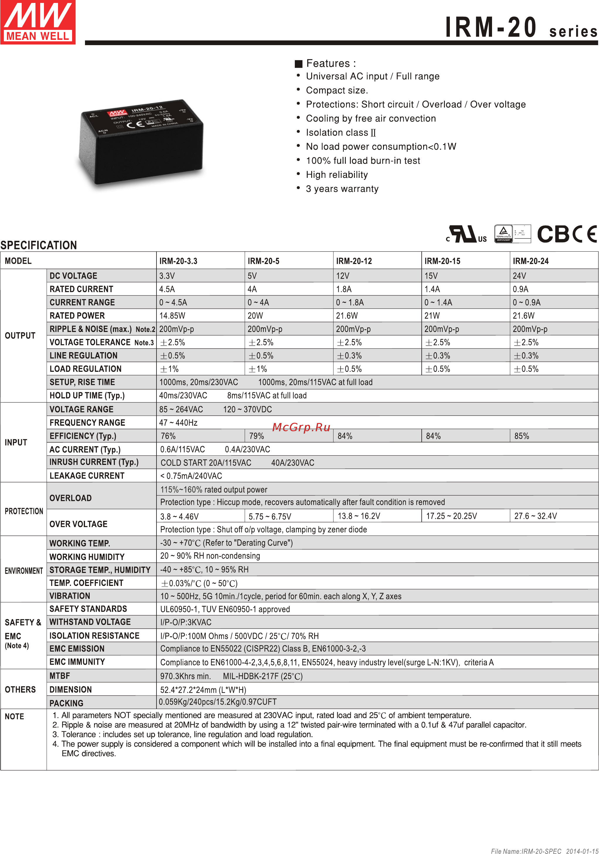 MEAN WELL IRM-20-5 Data Sheet онлайн