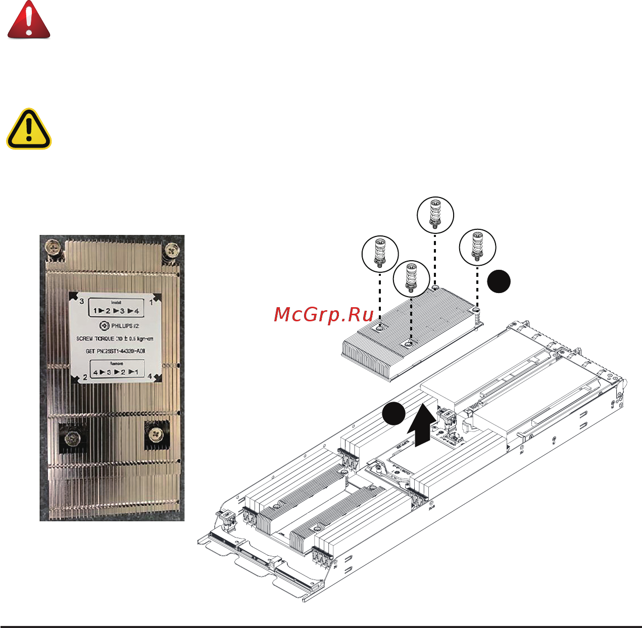 Gigabyte H261-NO0 (rev. 100) [30/113] Warning cpu0 and cpu1 use different cpu heatsinks see the following images for using the correct heatsink failure to observe the warning could result in damage to the equipment