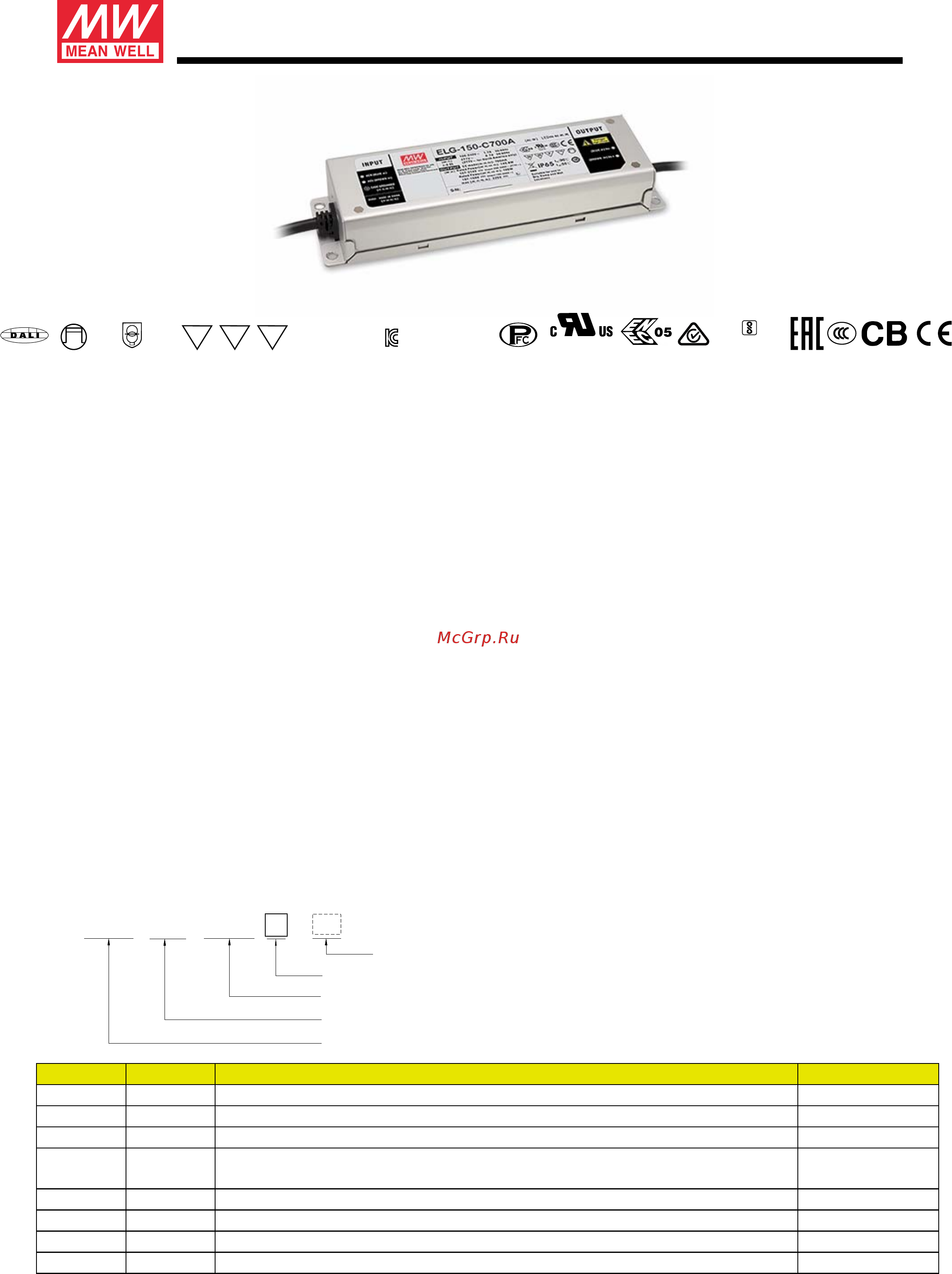 MEAN WELL ELG-150-C2100B-3Y Data sheet онлайн