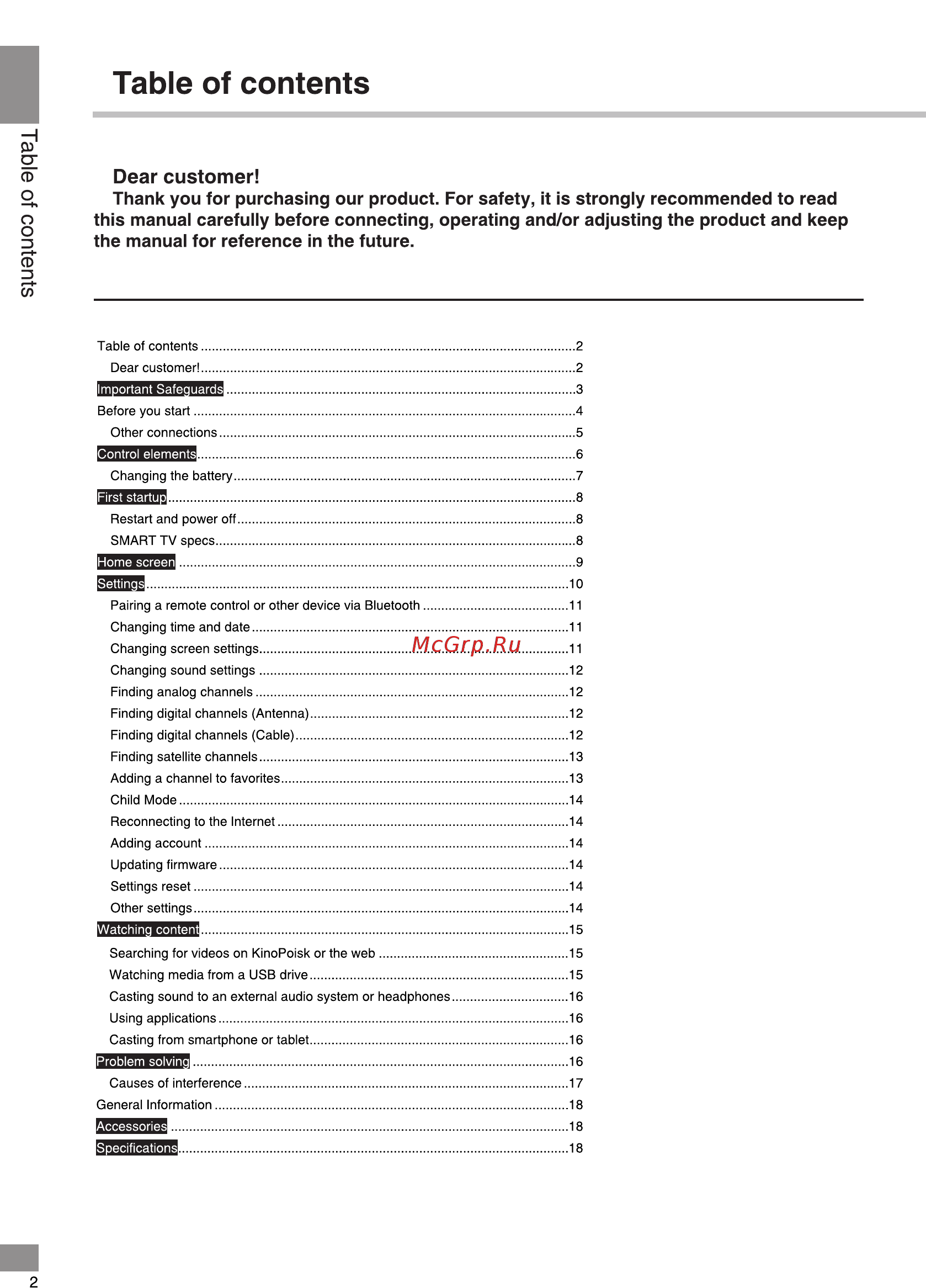 Telefunken TF-LED55S03T2SU [2/44] Table of contents
