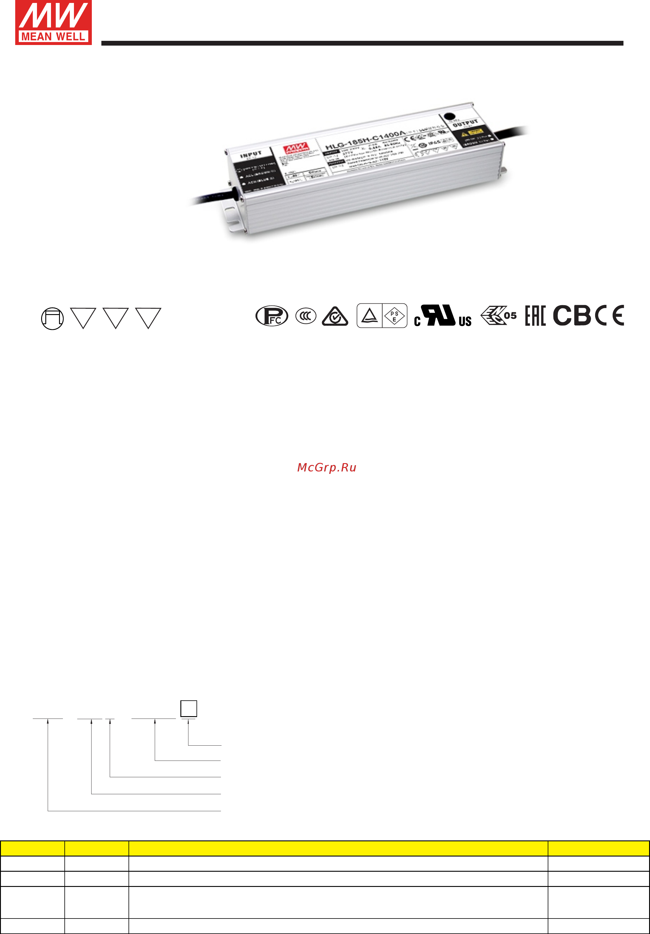 MEAN WELL HLG-185H-C1400B Datasheet онлайн